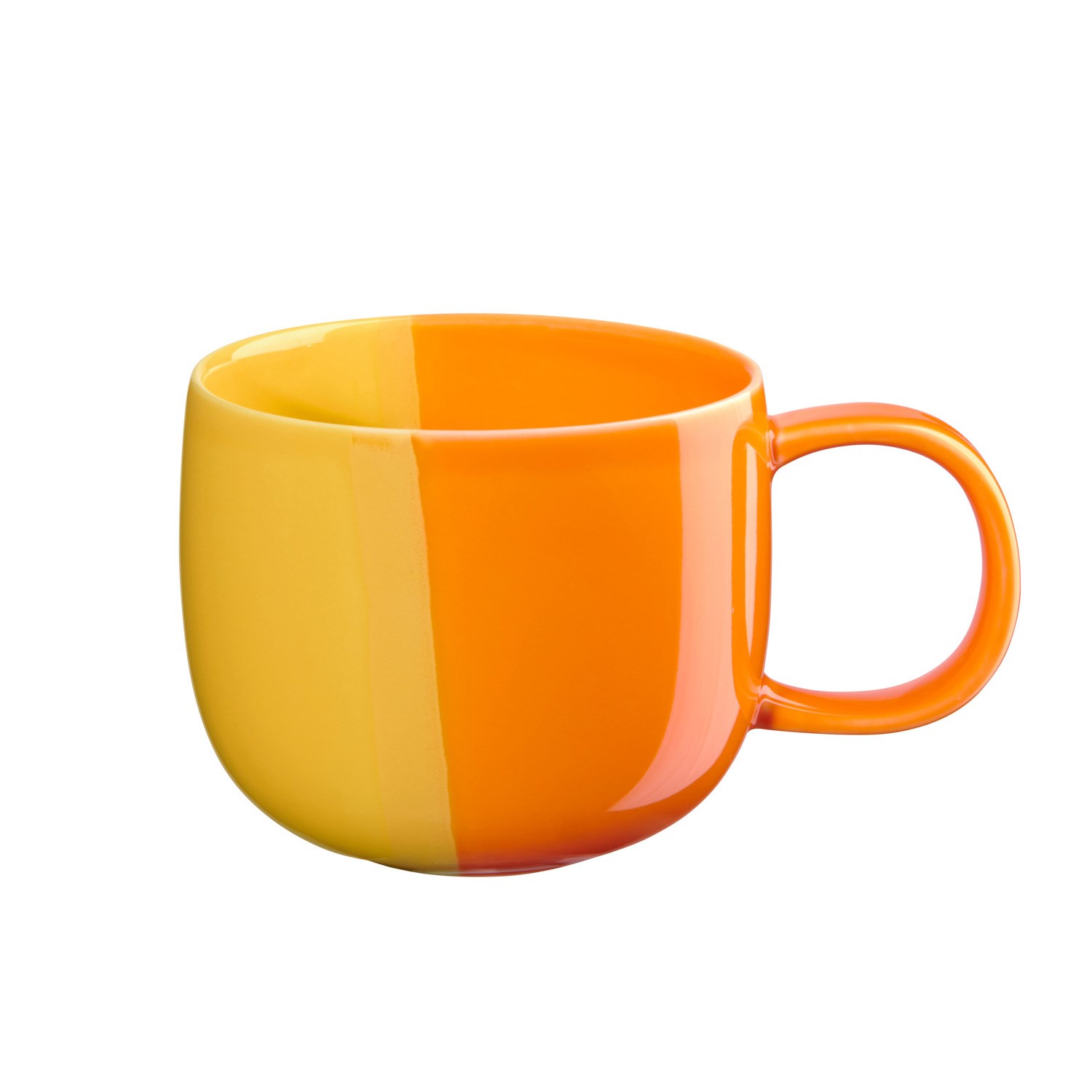 Round ceramic mug with handle, two-tone in yellow and orange, ideal for coffee or tea