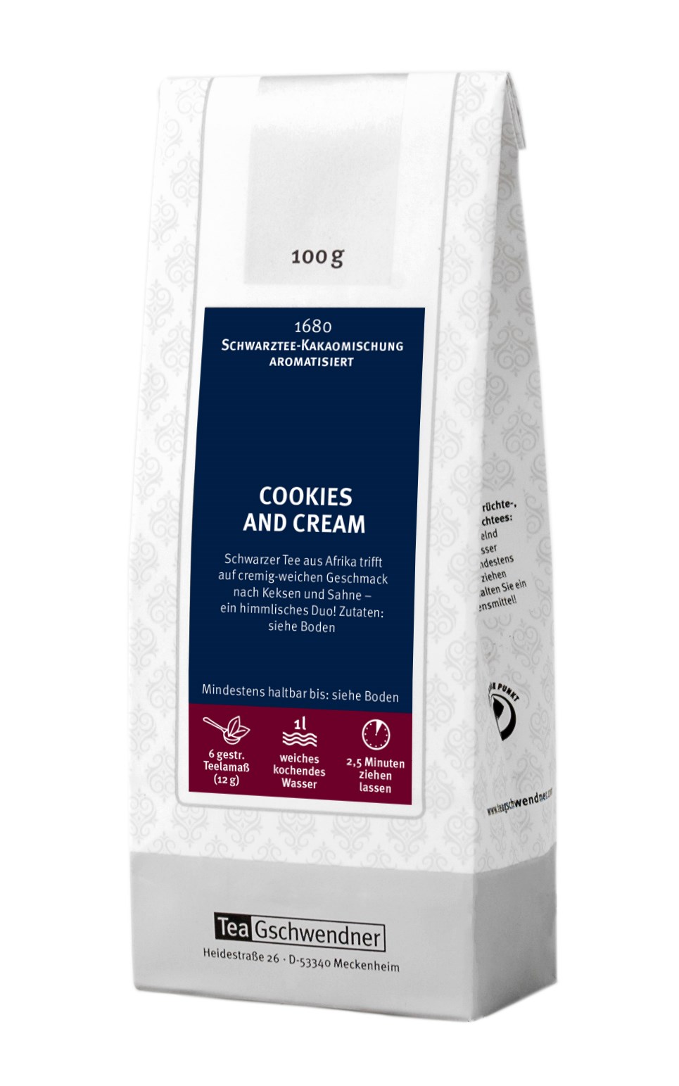 TeaGschwendner Cookies and Cream Schwarzer Tee 100g Beutel, Cookies and cream, Schwarztee-Kakaomischung, Aromatisiert, 100 g, Teepackung