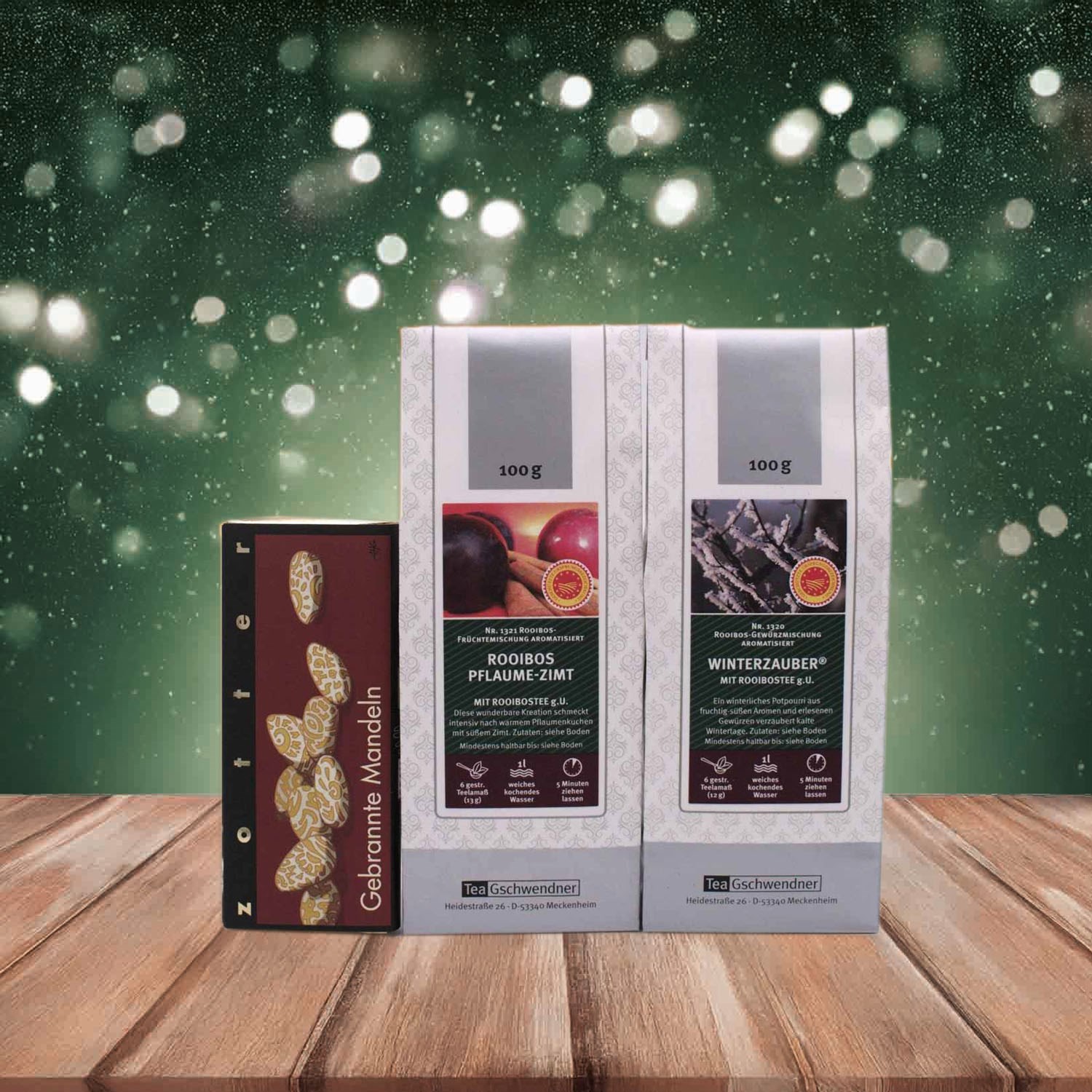 Geschenkset mit Rooibos-Tee Winterzauber, Pflaume-Zimt und M, Tee-Set, Teebeutel, Beuteltee, Rooibos, Winterzauber