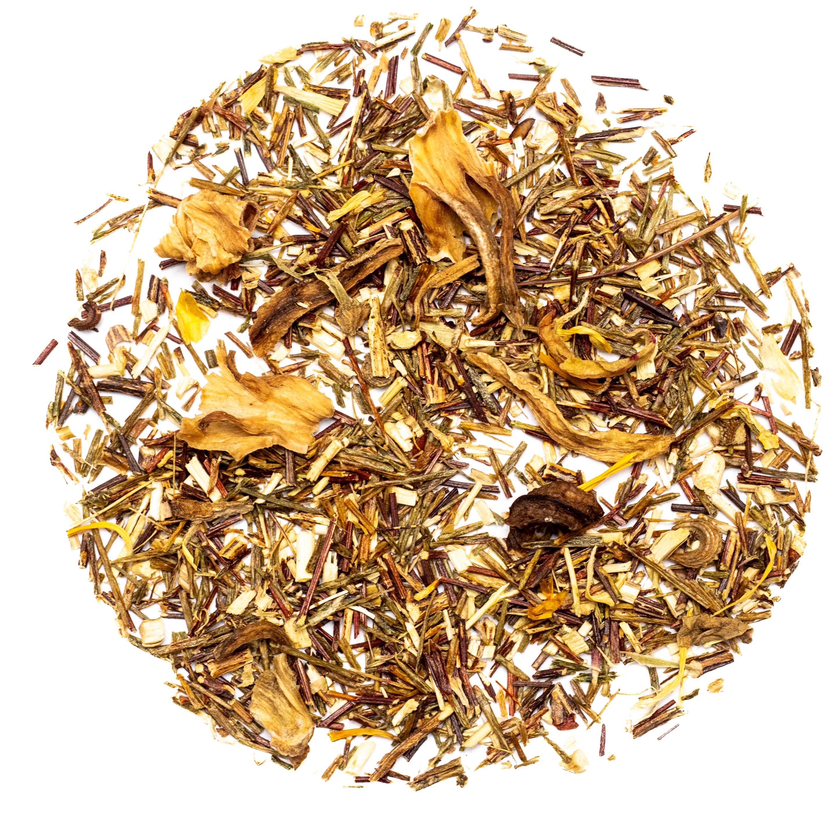Lose Rooibos-Kräutertee-Mischung von oben, Kräutertee, Teemischung, getrocknete Kräuter, Wurzelstücke, lose Blätter