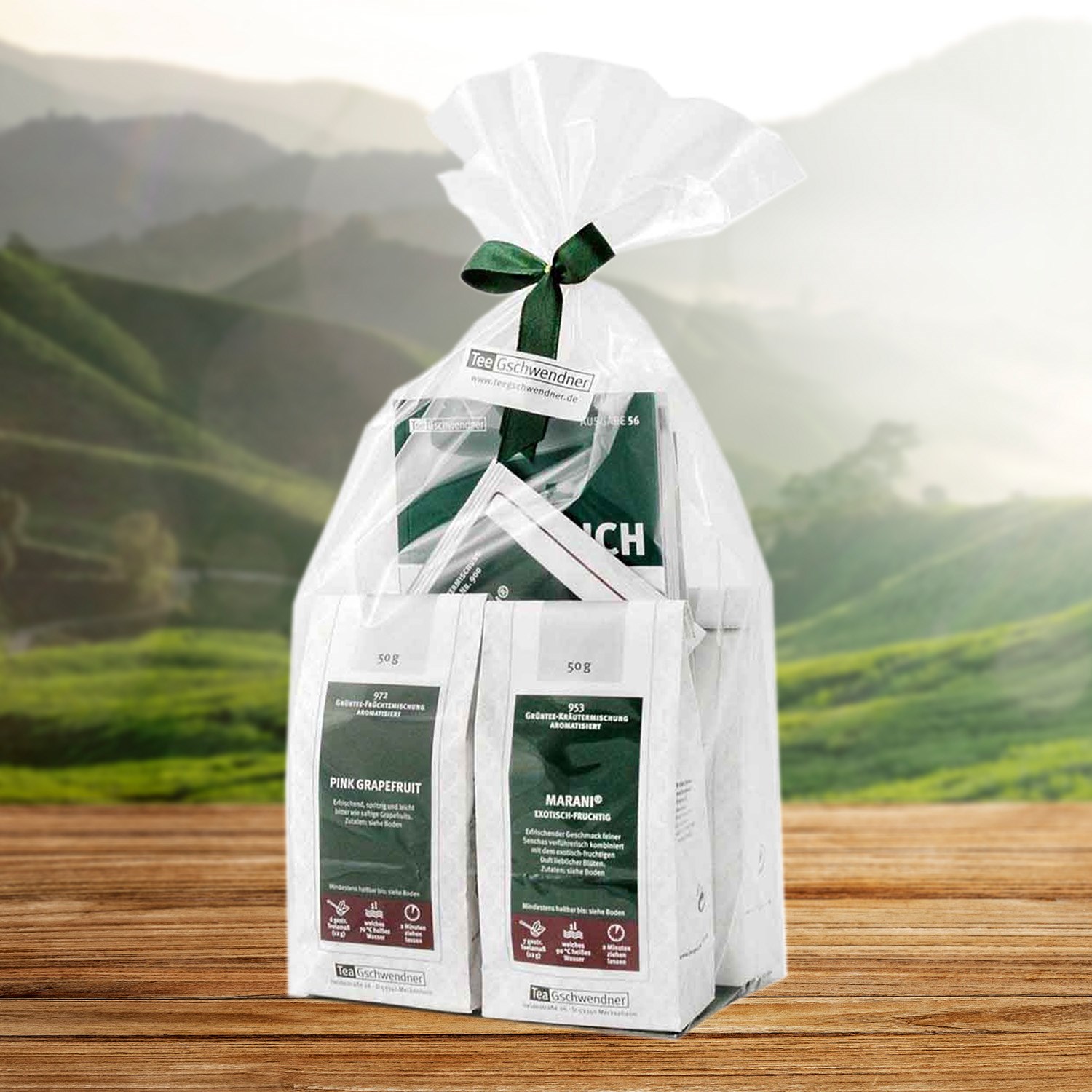 Tee Gschwendner Geschenkset mit aromatischem Tee in Folie, tee-geschenkset, tee-beutel, geschenkverpackung, sortenvielfalt, grüne verpackung