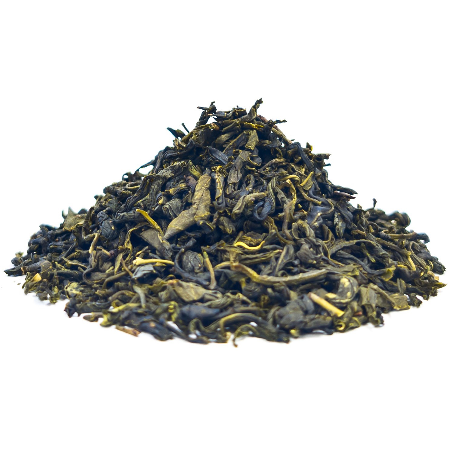 Pile of loose green tea on white background