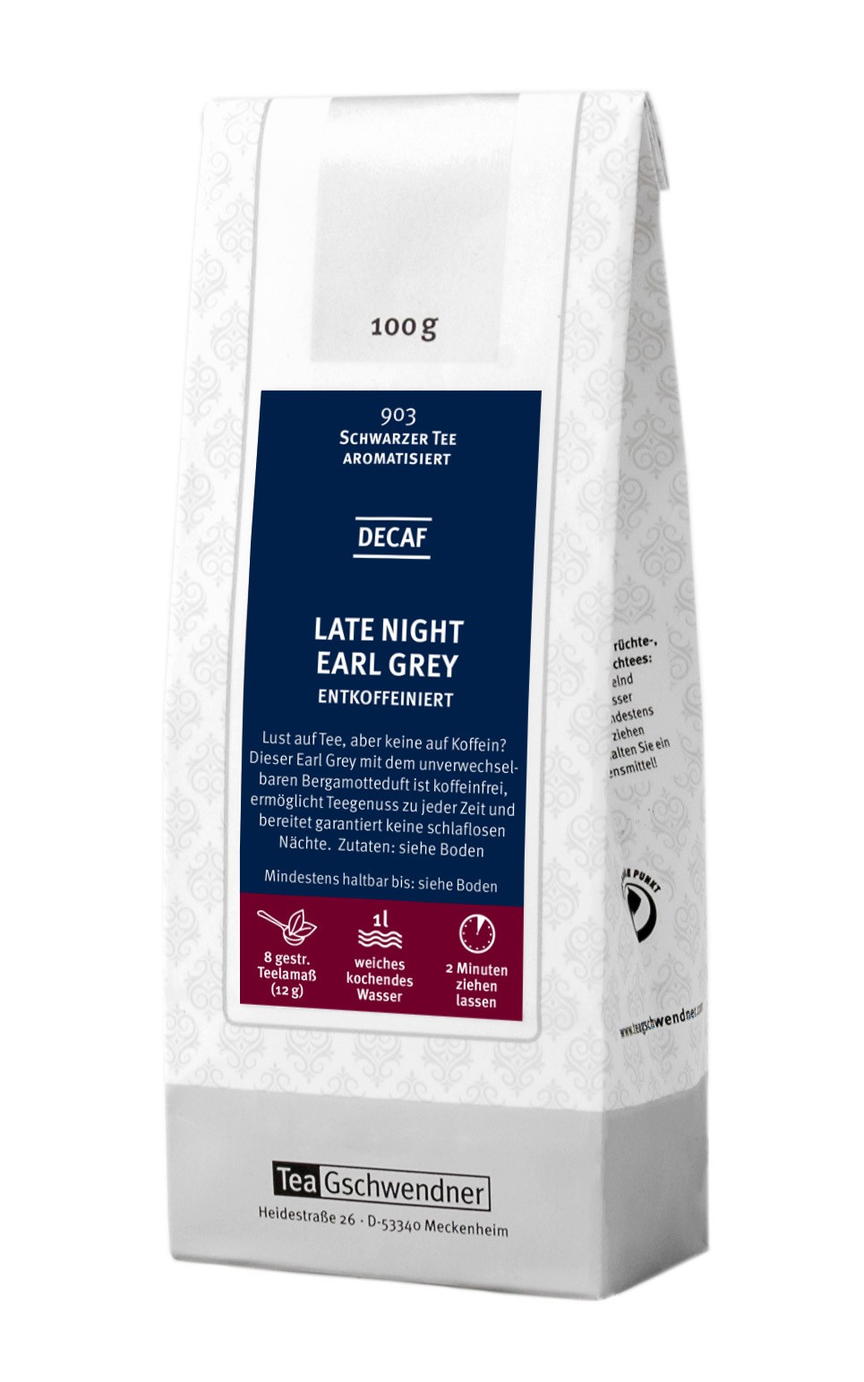 Teegschwendner Late Night Earl Grey entkoffeiniert 100g, Schwarztee, Earl Grey, Aromatisiert, Entkoffeiniert, 100 g