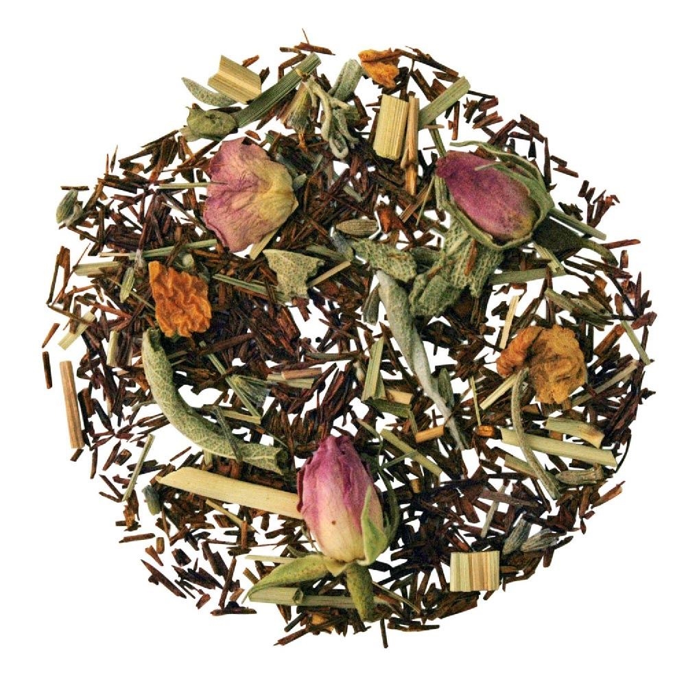 Rooibos-Tee-Mischung mit Rosenknospen und Kräutern, Kräutertee, Kräutermischung, Rosenknospe, Blumenblüten, Zimtstängel