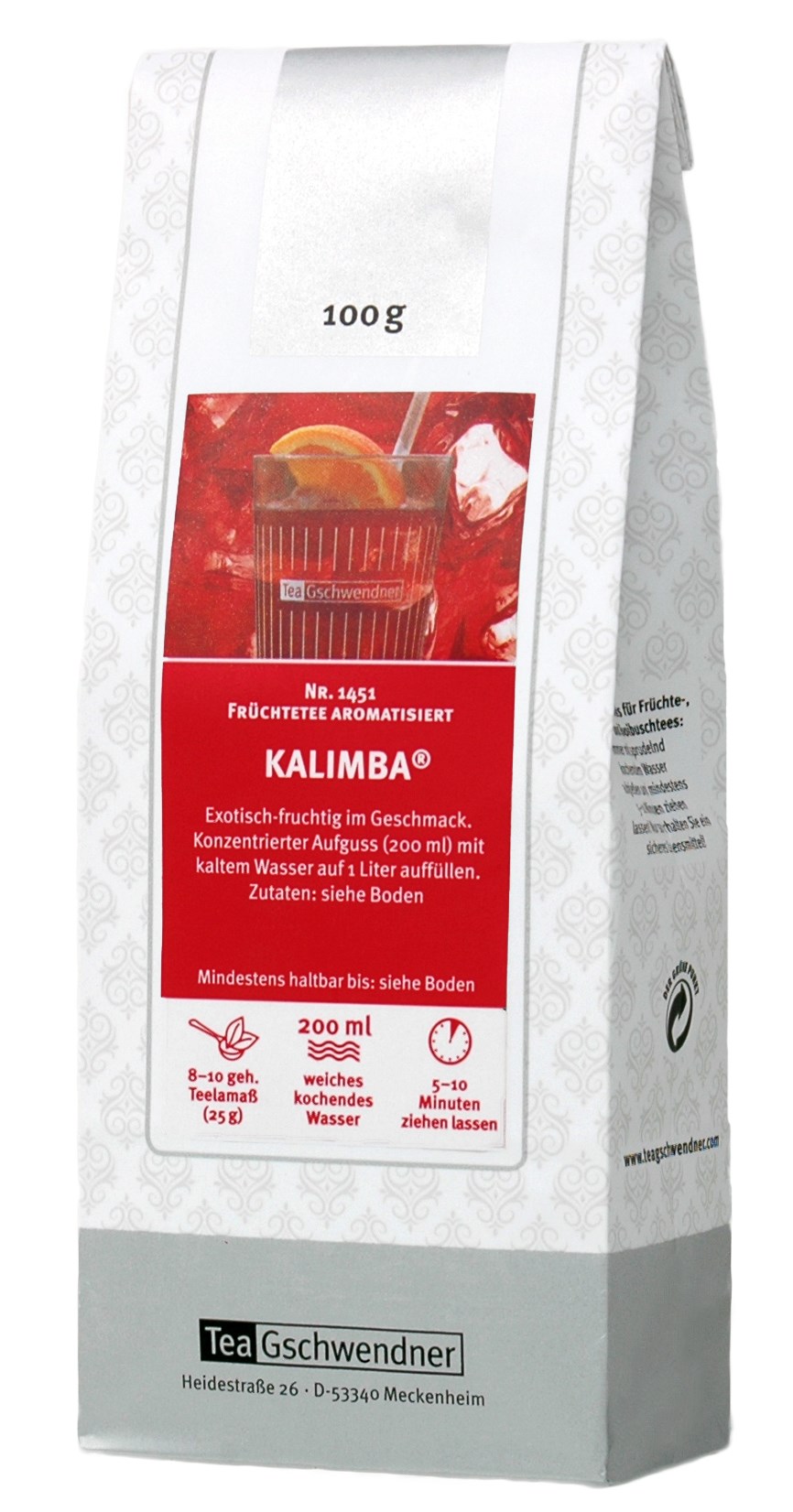 Kalimba aromatisierter Früchtetee von Tea Gschwendner 100g, KALIMBA, Früchtetee, Aromatisiert, 200 ml, Teebeutel