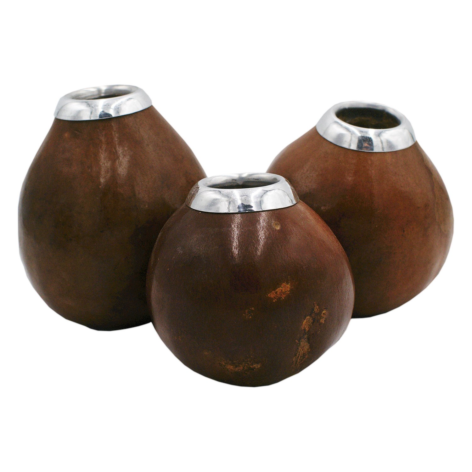 Three calabash gourds with silver rim for mate tea