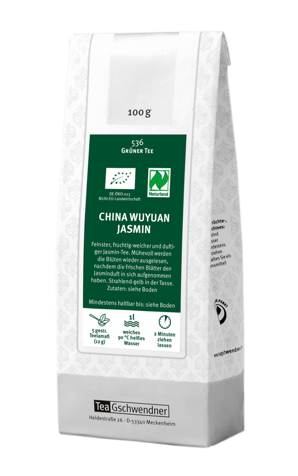 Teepackung TeaGschwendner China Wuyuan Jasmin Grüner Tee, China Wuyuan Jasmin, Grüner Tee, Jasmintee, Teebeutel, 1l