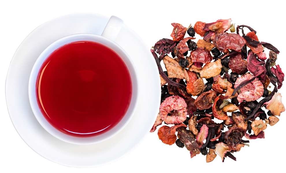 Rote Früchteteetasse mit loser Teemischung,  Tee, Kräutertee, Früchtetee, Teetasse, Getränk