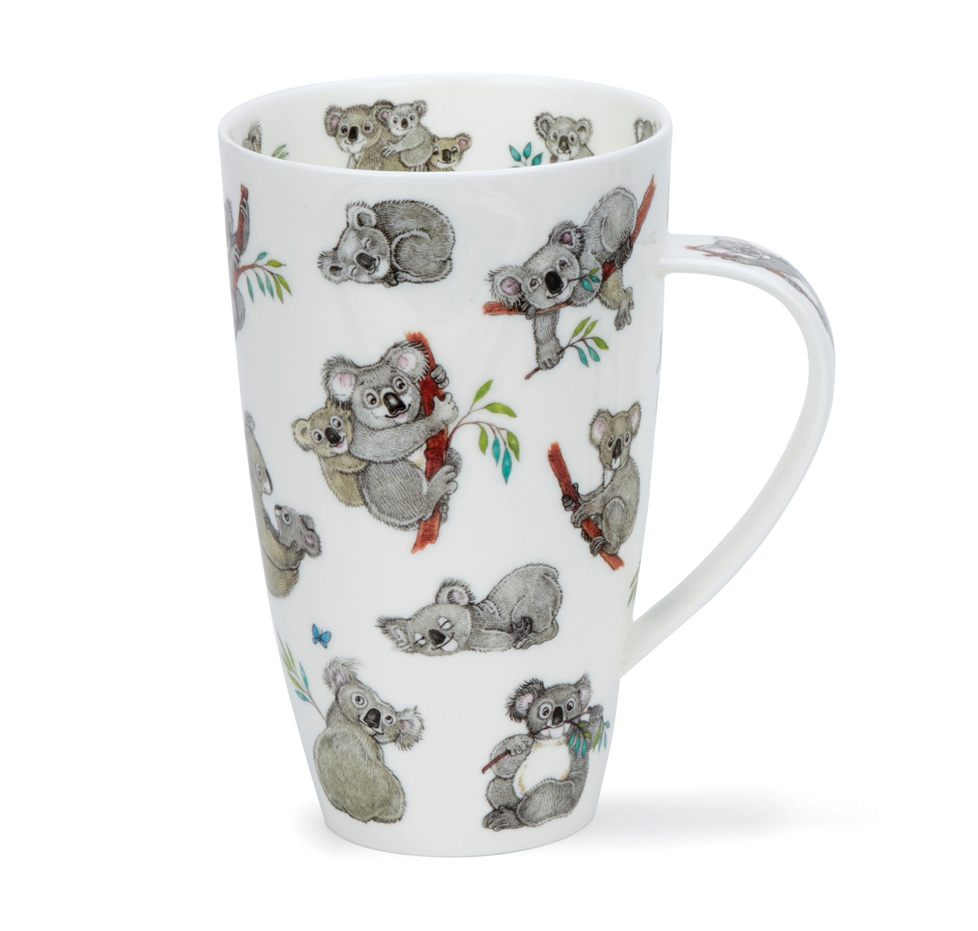 Weiße Porzellantasse mit buntem Koala-Dekor, Koala Muster, Becher, Porzellan, Kaffeebecher, Weißer Becher
