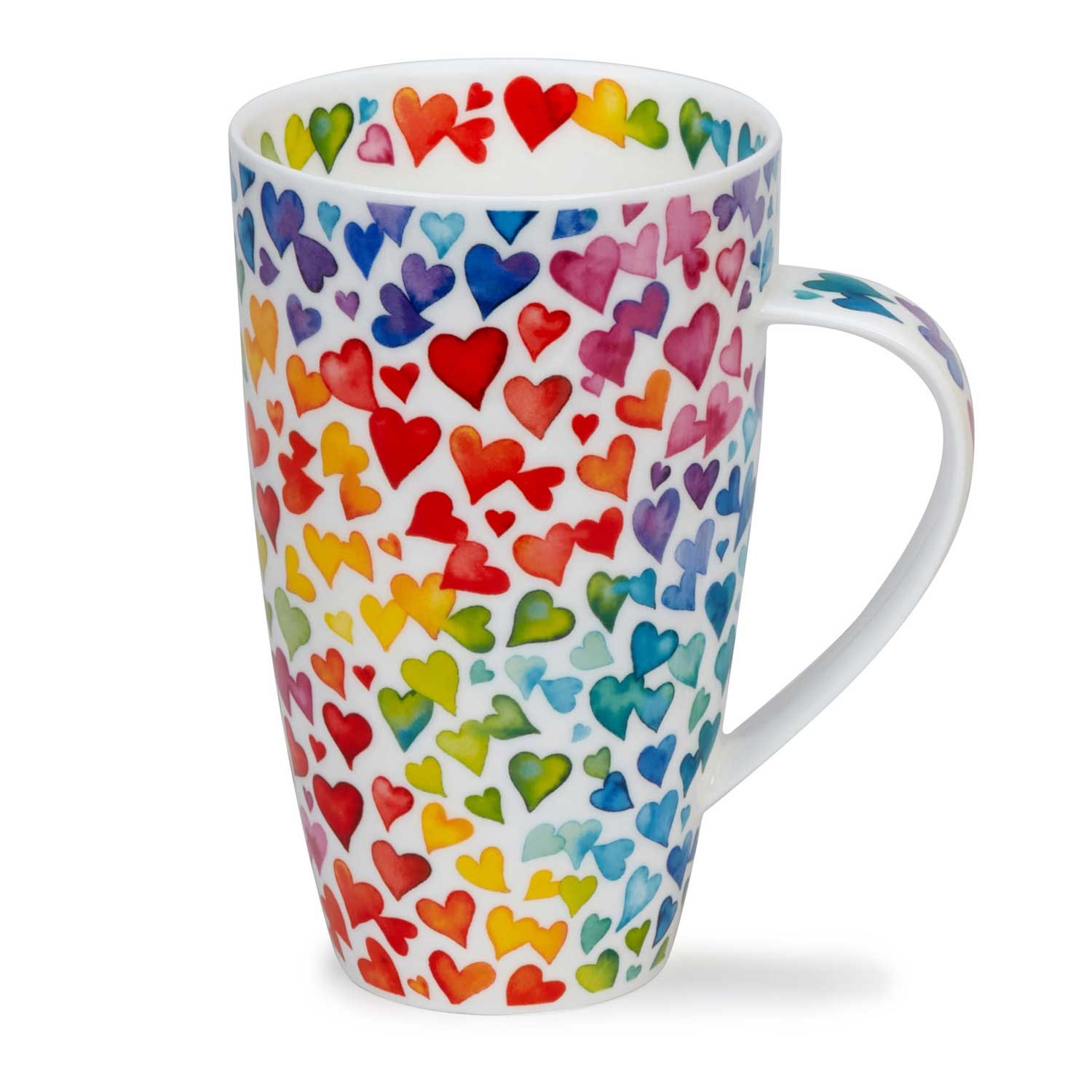 Tall white porcelain mug with vibrant all-over rainbow heart pattern and large handle