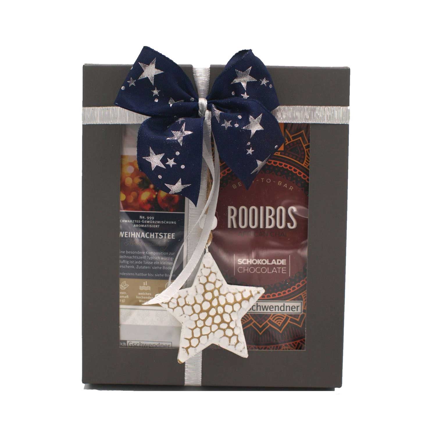 Weihnachtliches Tee Geschenkset mit Schleife und Stern, Schokoladen-Set, Weihnachtsgeschenk, Box, Star-Anhänger, Rooibos?