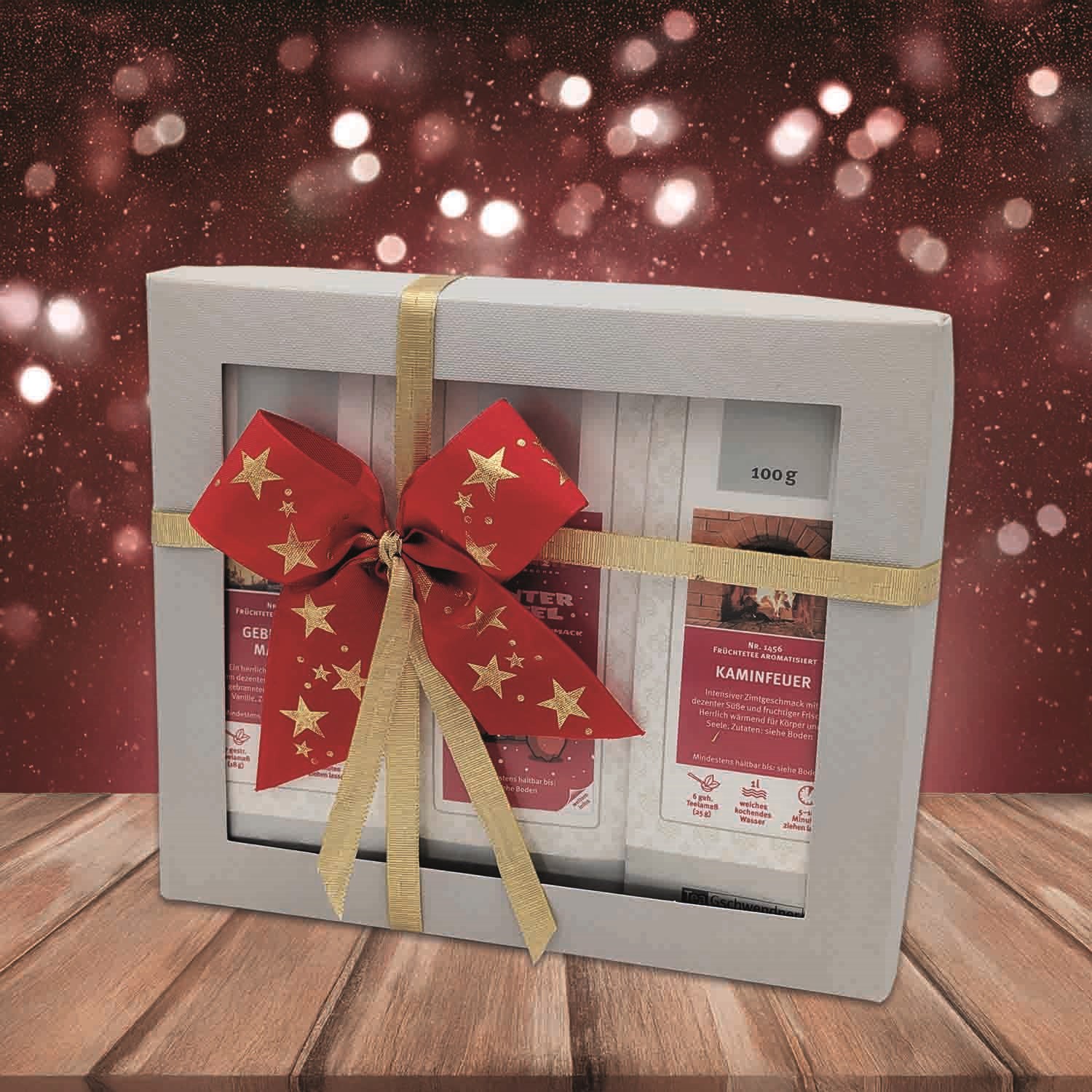 Geschenkbox Kaminfeuer mit gold-roter Schleife, Geschenkbox, Tee-Set, Geschenkverpackung, roter Schleife, 100 g