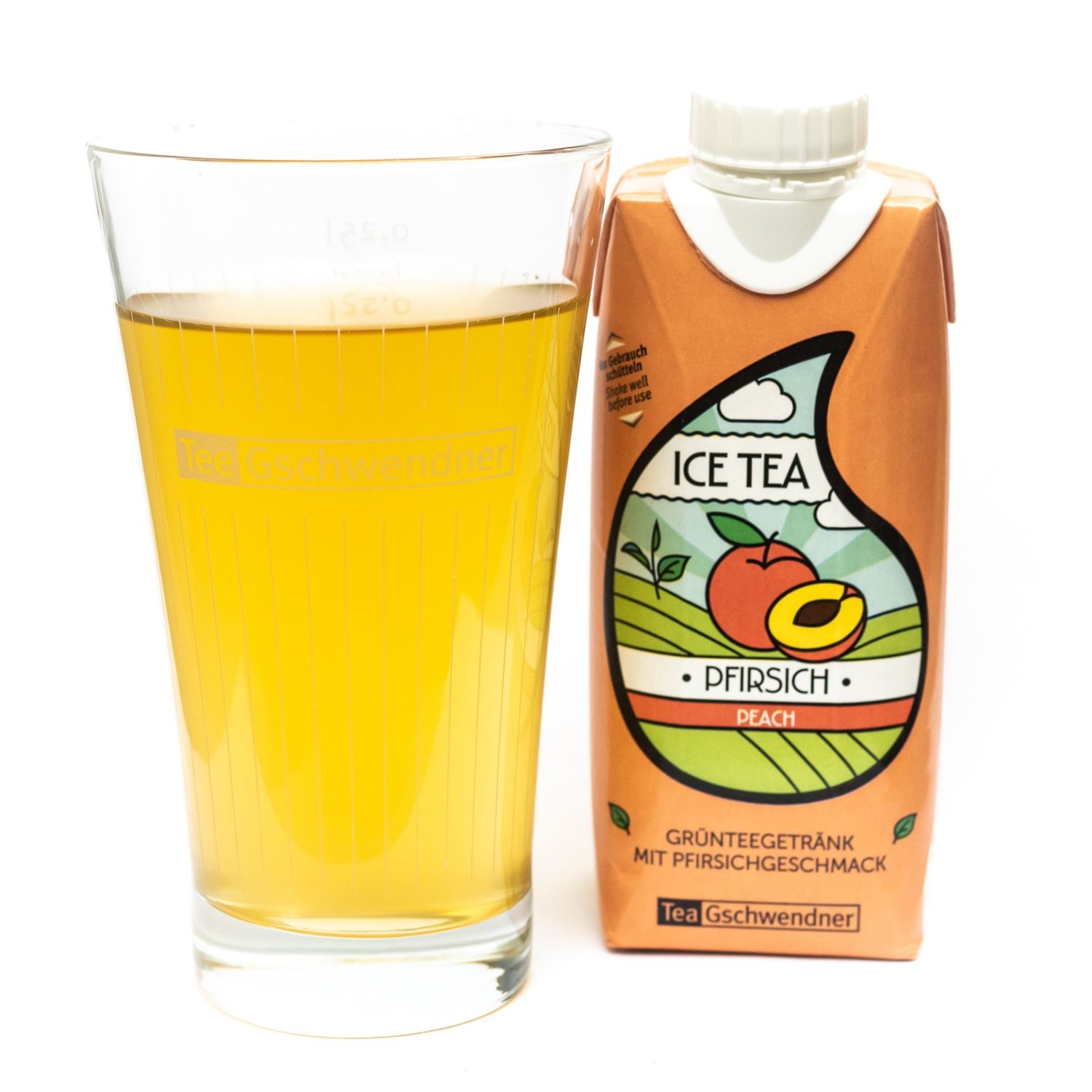 TeeGschwendner Ice Tea Pfirsich im Glas und Karton, tee, früchtetee, pfirsich, peach, getränkverpackung