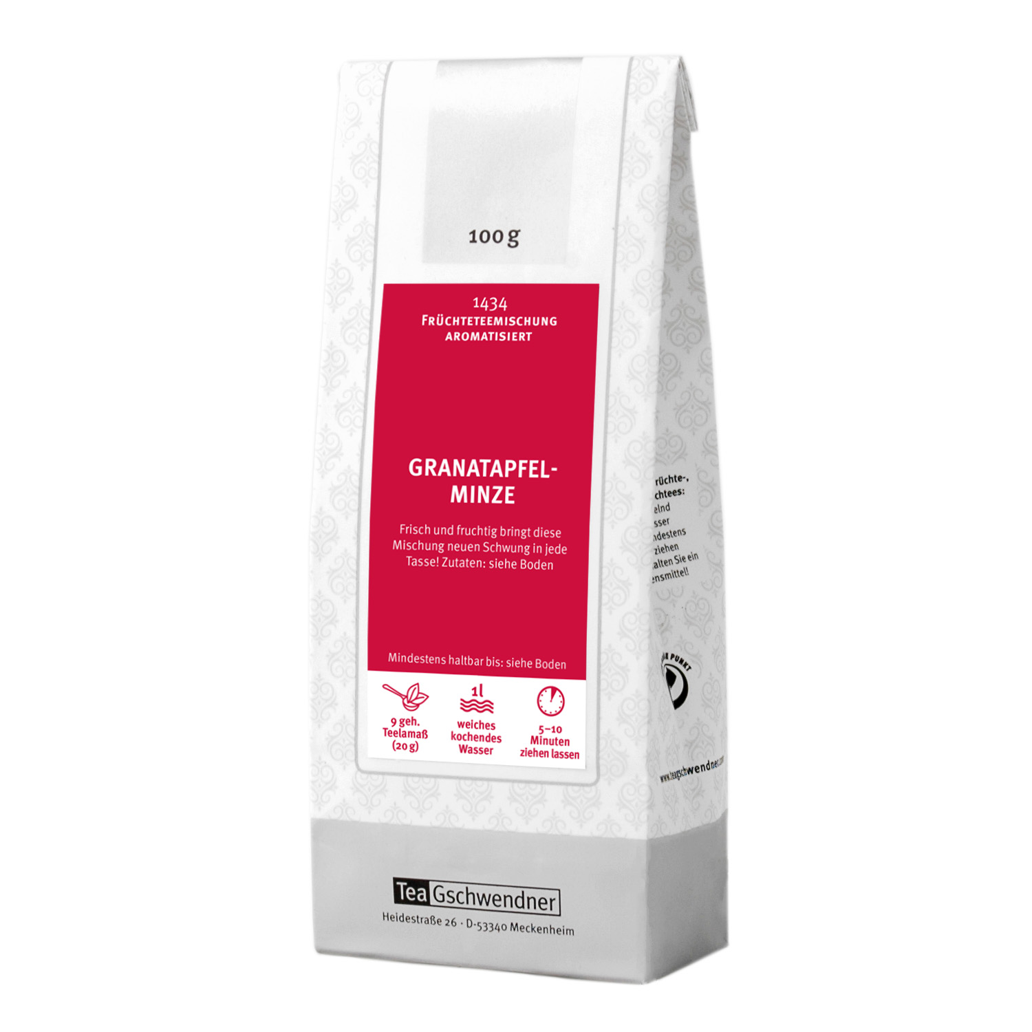 TeaGschwendner aromatisierter Früchtetee Granatapfel-Minze 1, Granatapfel-Minze, Früchtetee, Tee-Packung, Aromatisiert, Herkunft?