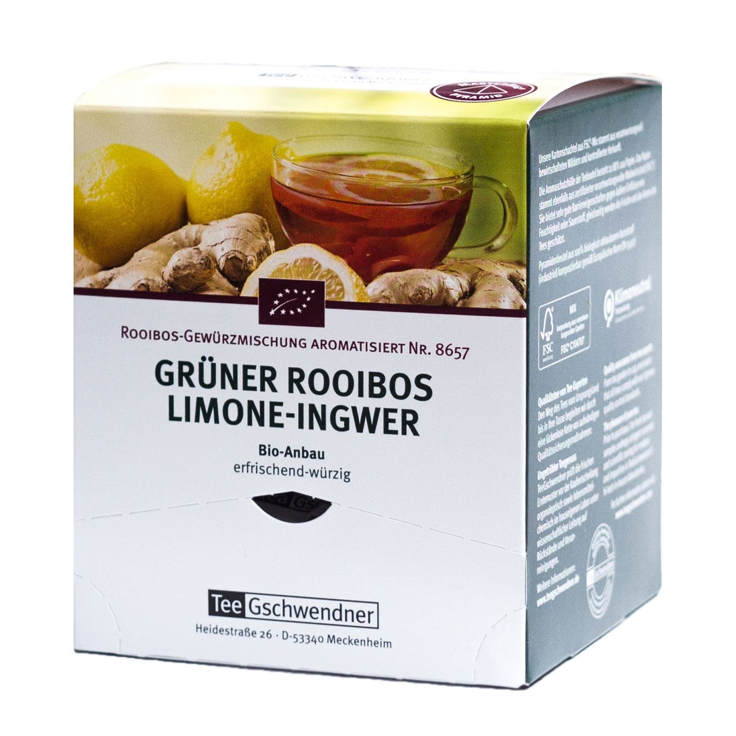 Tee Gschwendner Grüner Rooibos Limone-Ingwer Bio, Grüner Rooibos, Limone-Ingwer, Bio-Anbau, Glas Tee, Rooibos-Gewürzmischung