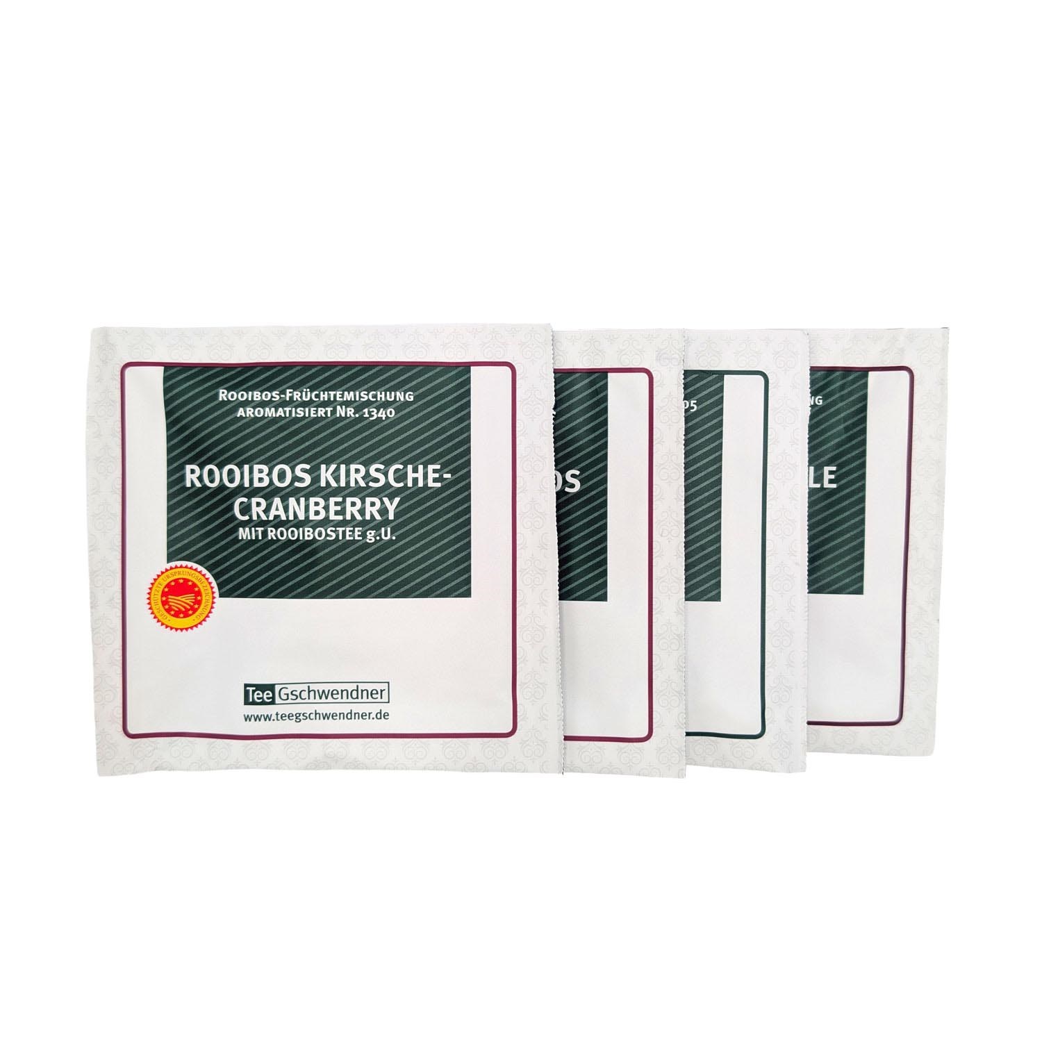 Vier Teebeutel TeeGschwendner Rooibos Kirsche-Cranberry, aromatisierte Rooibos-Früchteteemischung, Rooibos, Kirsche, Cranberry, Teebeutel, Aromatisiert
