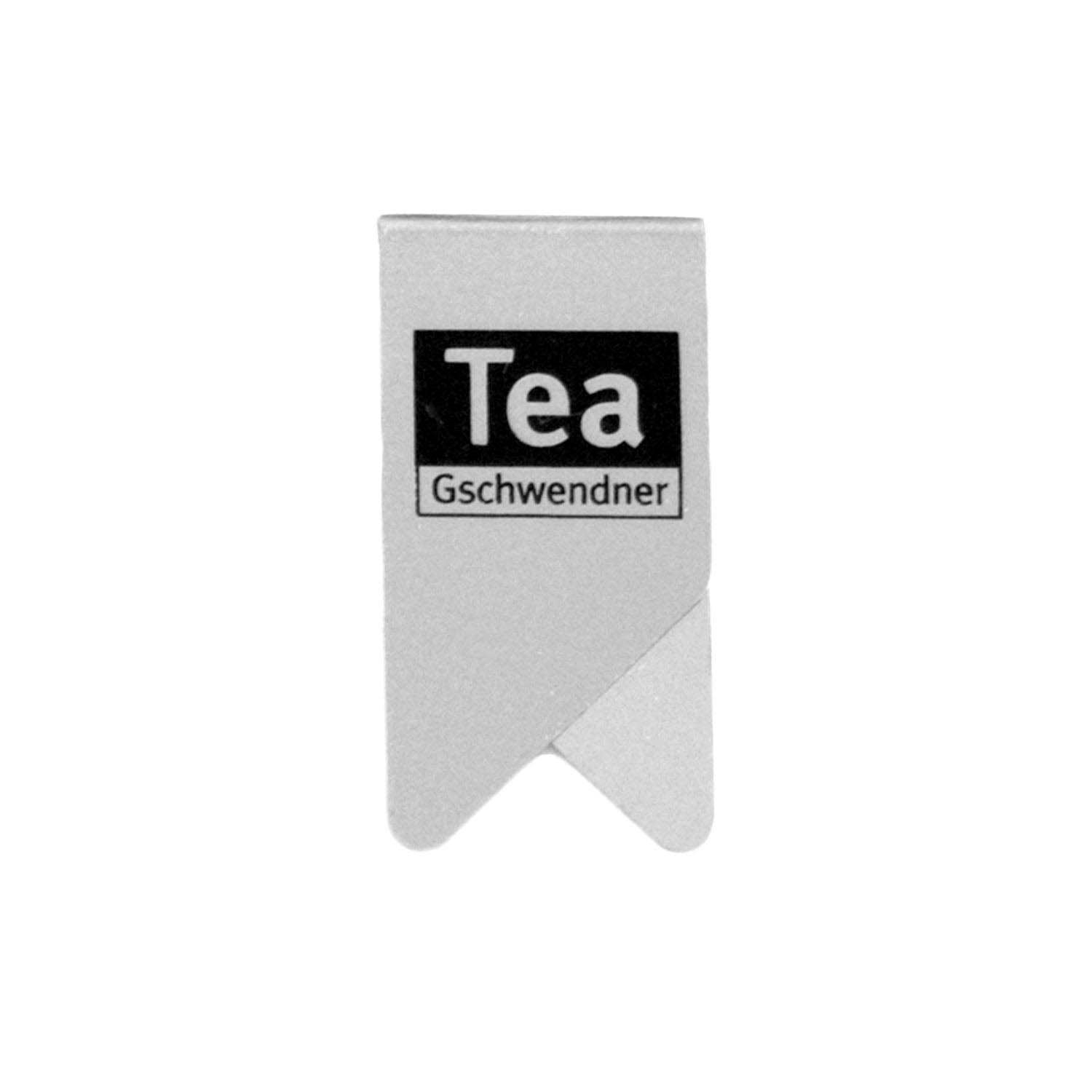 Silberner Teebeutel-Clip mit Aufdruck Tea Gschwendner, tee, verpackung, box, blister, label
