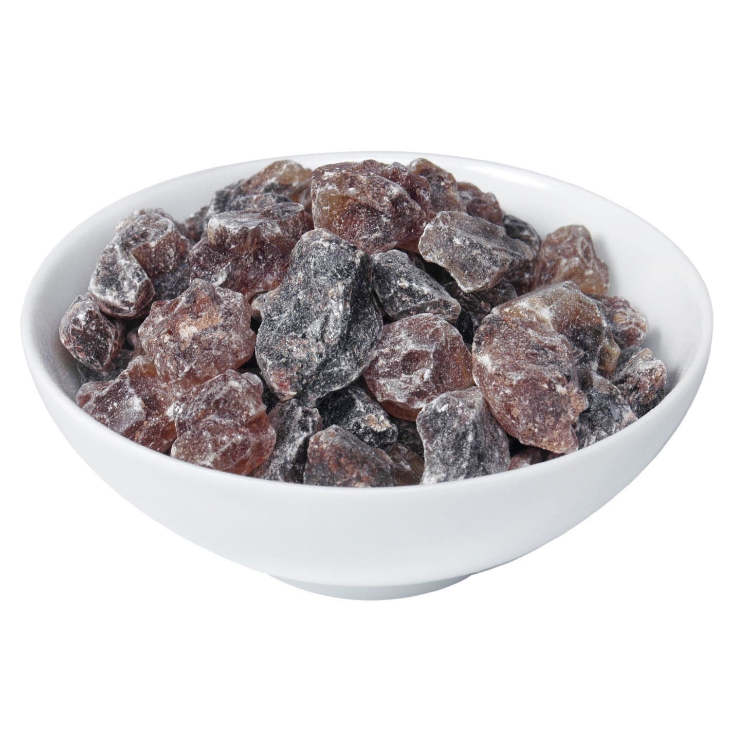 Weiße Schale mit schwarzem Kandiszucker, rosenholz, bulk, rock sugar, crystal, brown