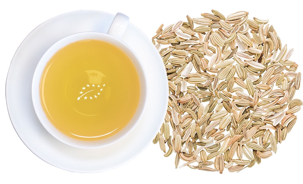 Weiße Tasse mit Fencheltee und daneben Fenchelsamen, tee, tee in tasse, kamillenarom, fannengeröstete sämereien, fenchel?