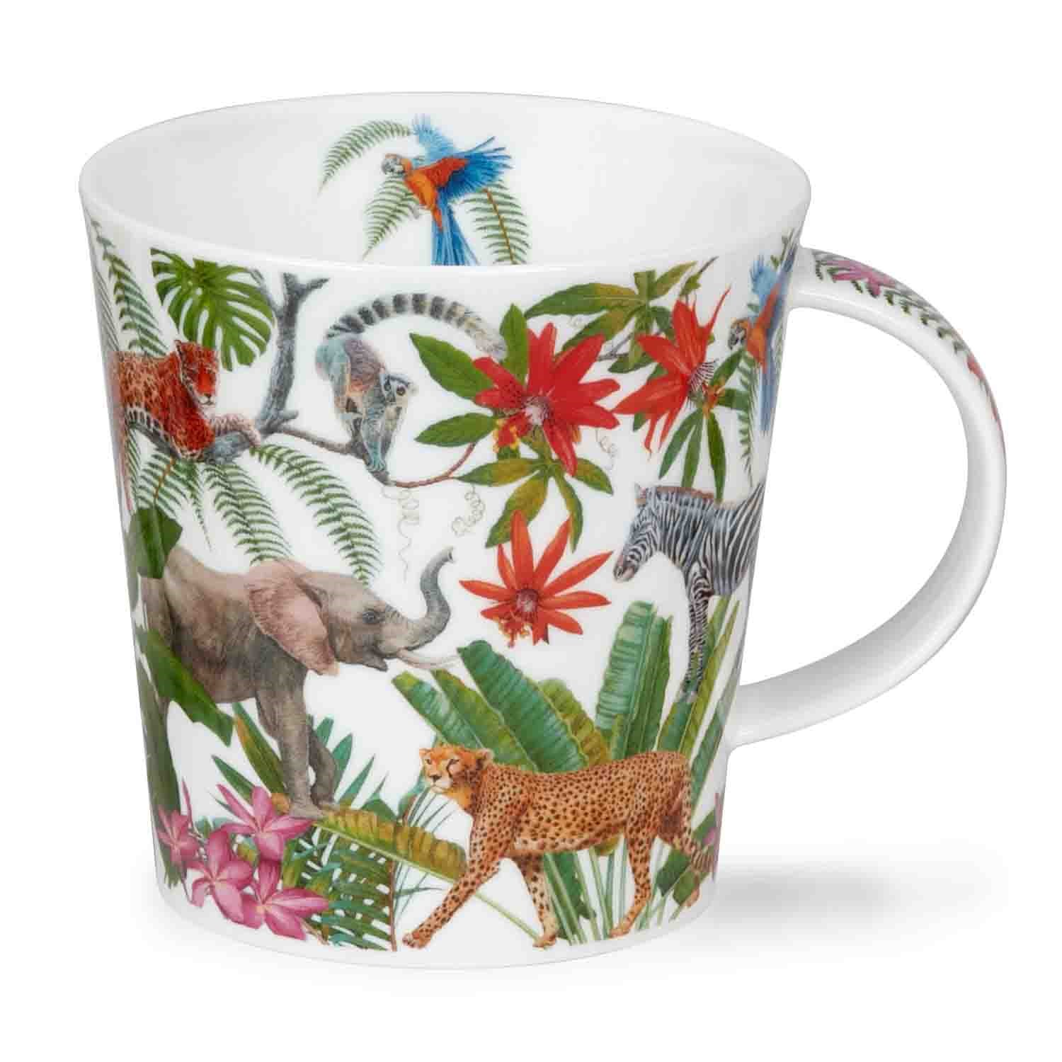 Weiße Porzellantasse mit farbigem Dschungel-Print, Tasse, Becher, Tierzoo-Motiv, Dschungel-Print, Porzellanornament