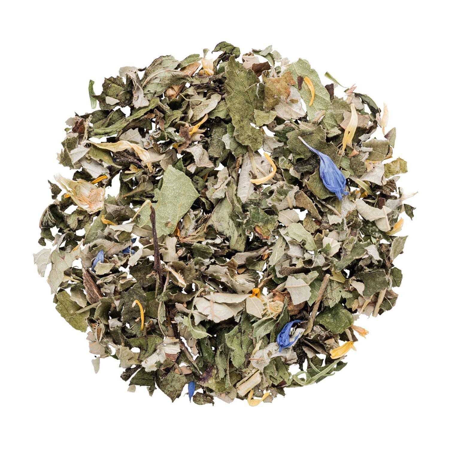 Runde Portion lose Kräutertee-Mischung von oben, tee, kräutertee, tea blend, getrocknete blätter, blühende kräuter
