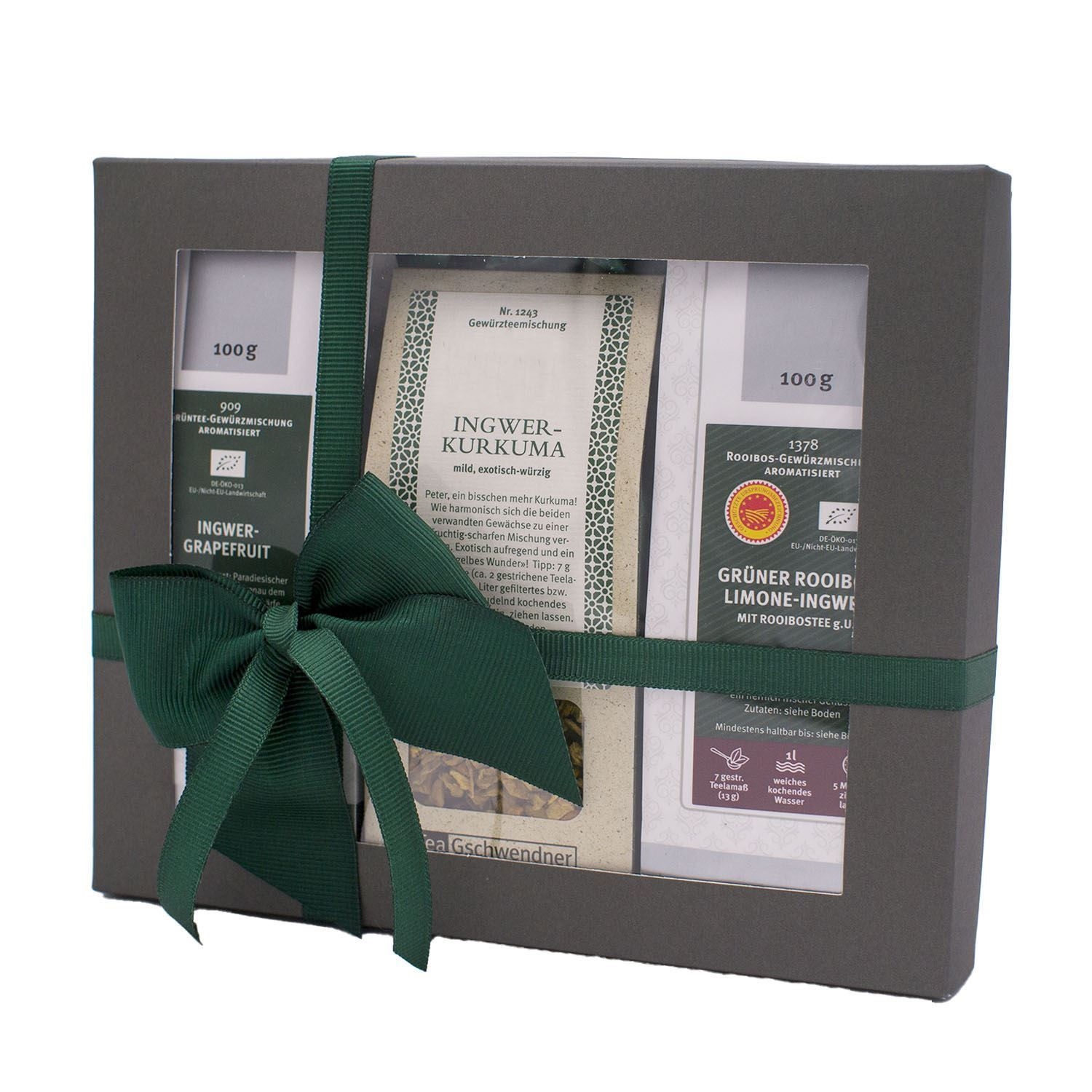 Geschenkbox mit Tee Ingwer Kurkuma Grüntee, Gewürzset, Ingwer, Kurkuma, Grüntee, Geschenkset