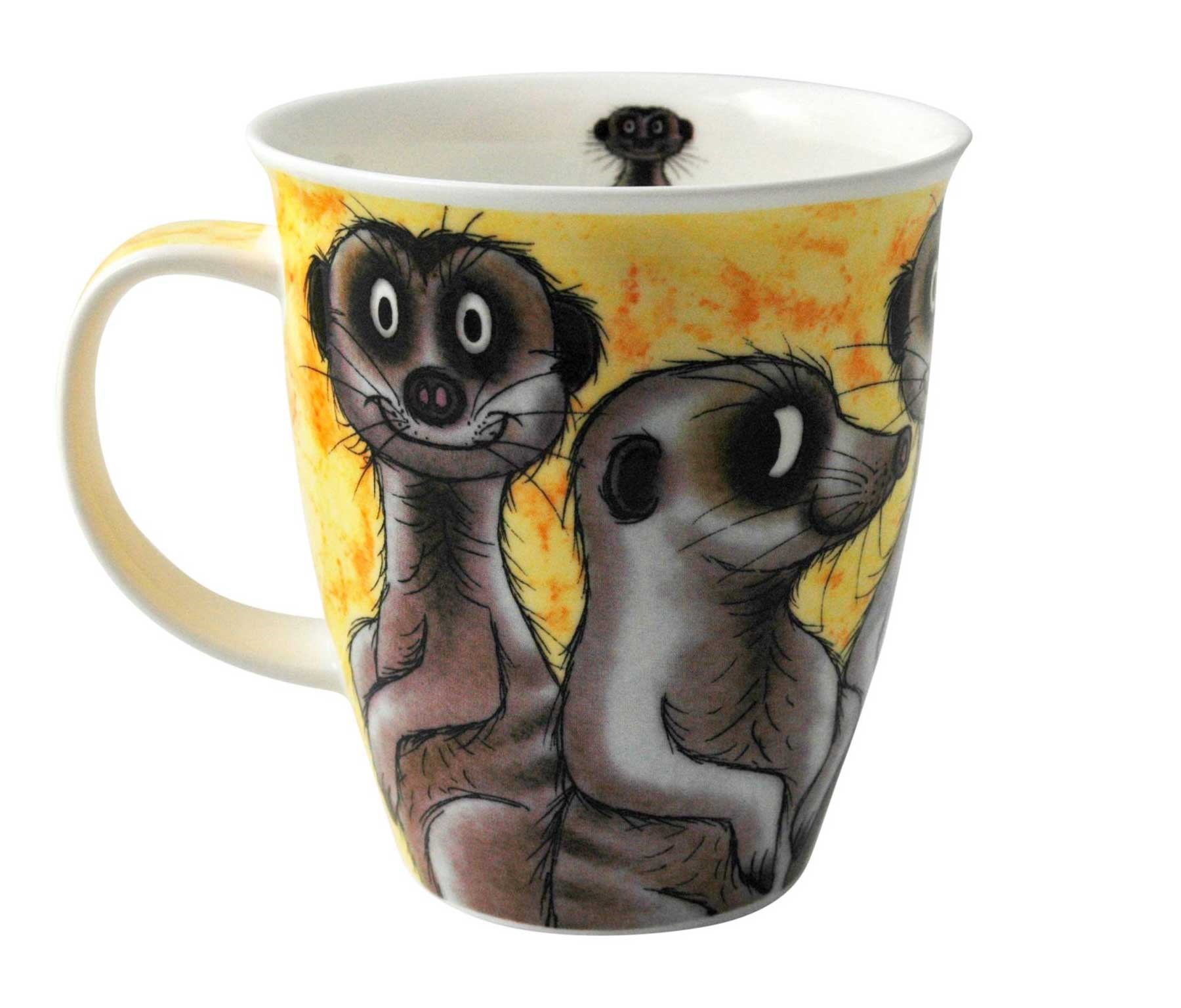 Bunte Tasse mit witzigen Erdmännchen-Illustrationen, Kaffeebecher, Becher, Porzellan, Dackel, Motiv