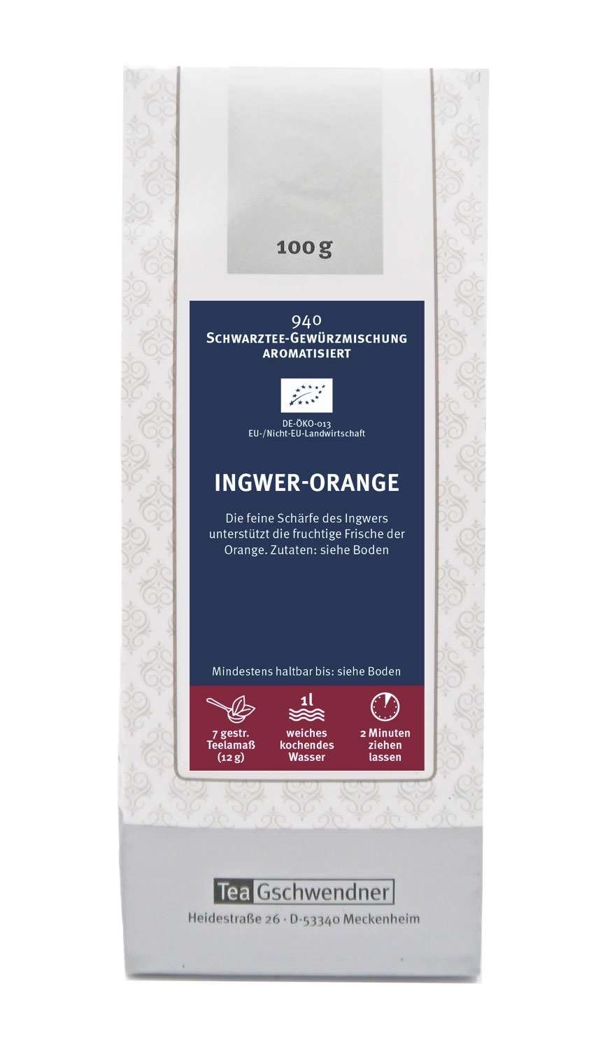 Teepackung Tea Gschwendner Ingwer-Orange Schwarztee 100g, Ingwer-Orange, Gewürztee, 100 g, Gewürzmischung, Kaffee/Teesortiment