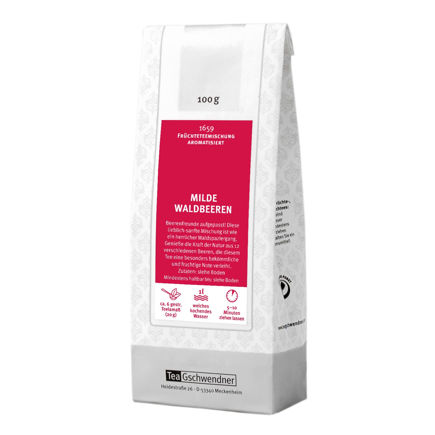 TeaGschwendner Milde Waldbeeren Früchtetee 100g Packung, Früchtetee, Waldbeeren, Aromatisiert, 100 g, Beuteltee
