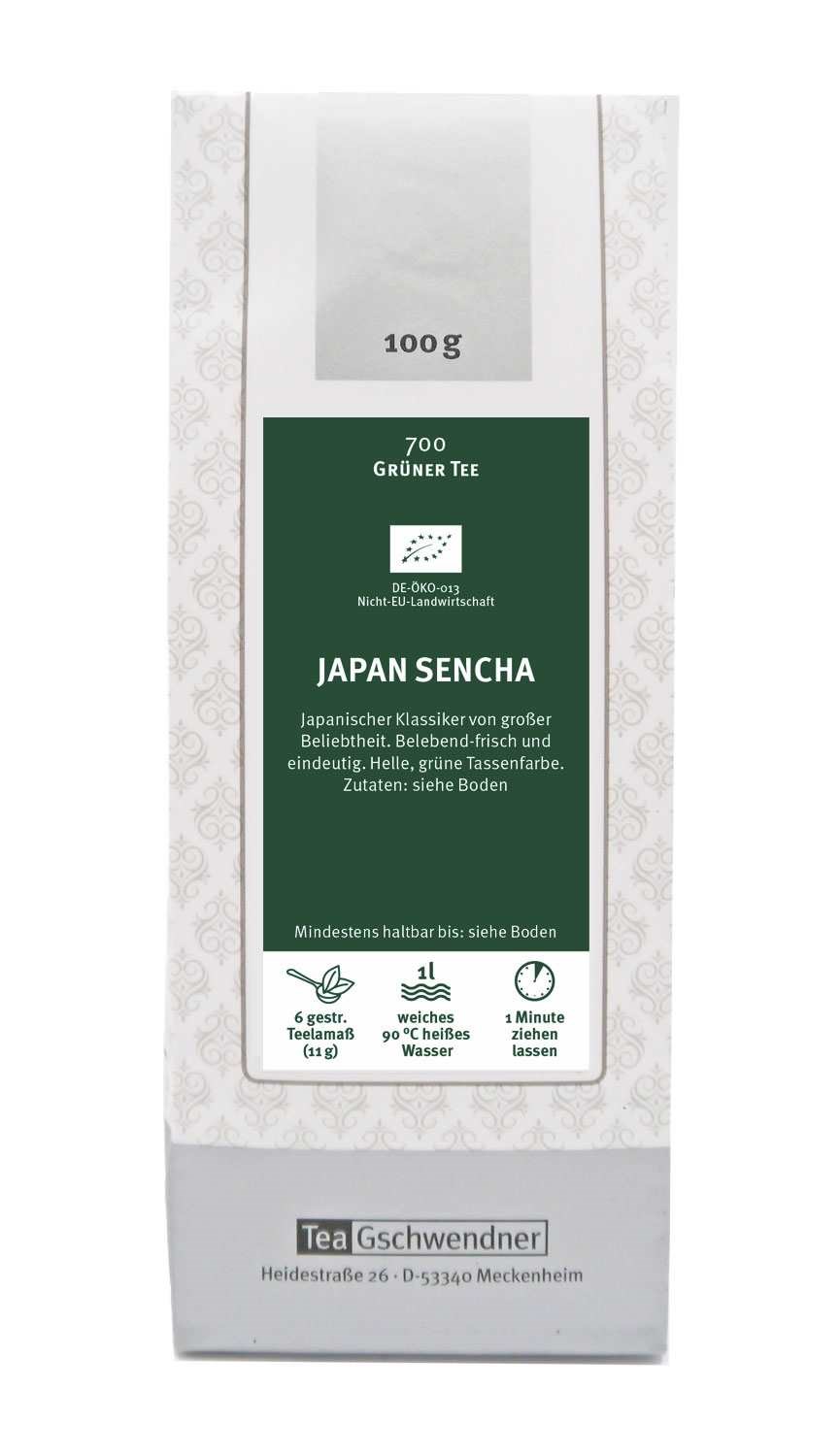 Packaging of Tea Geschwendner Japan Sencha, organic green tea, 100 g