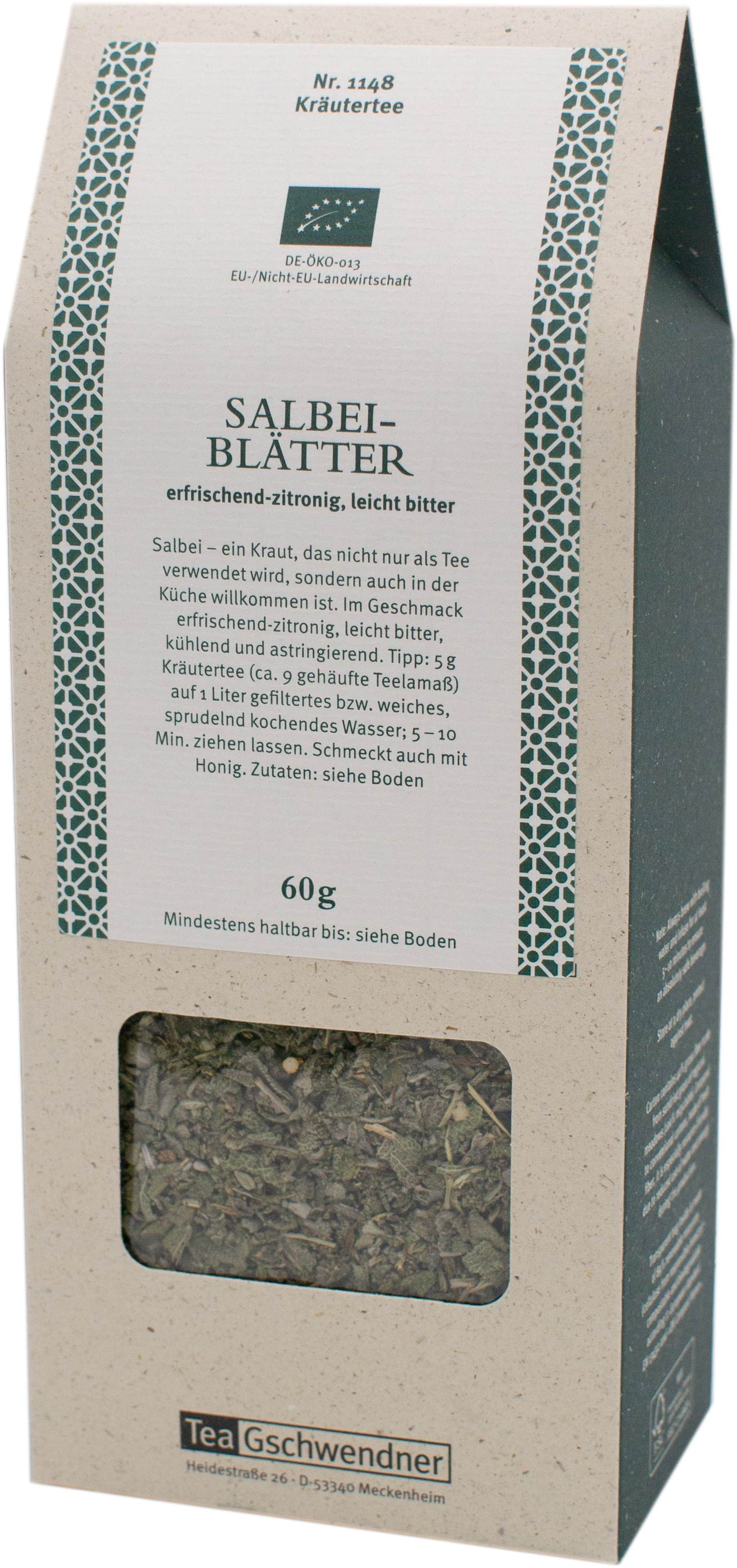 Packung TeaGschwendner Salbeiblätter Kräutertee 60g, Kräutertee, Salbei, Blätter, 60 g, lose-teile