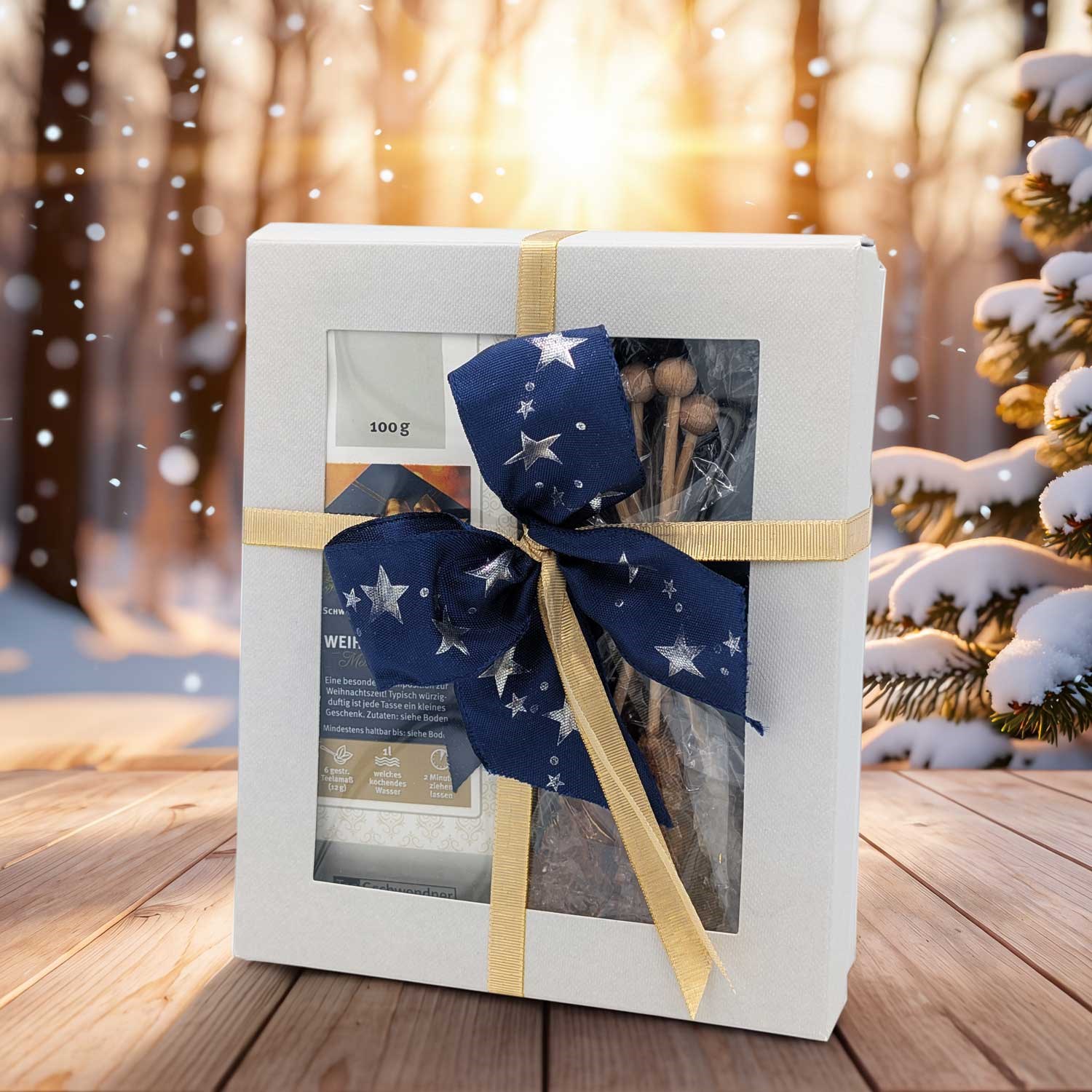 Geschenkbox mit blau-goldener Schleife auf Holztisch, Geschenkverpackung, Geschenkbox, Bandgold, Schleife, Starry-Design, Weihnachtstee, Geschenkset, Geschenkverpackung, Sternenmuster, Teezubehör