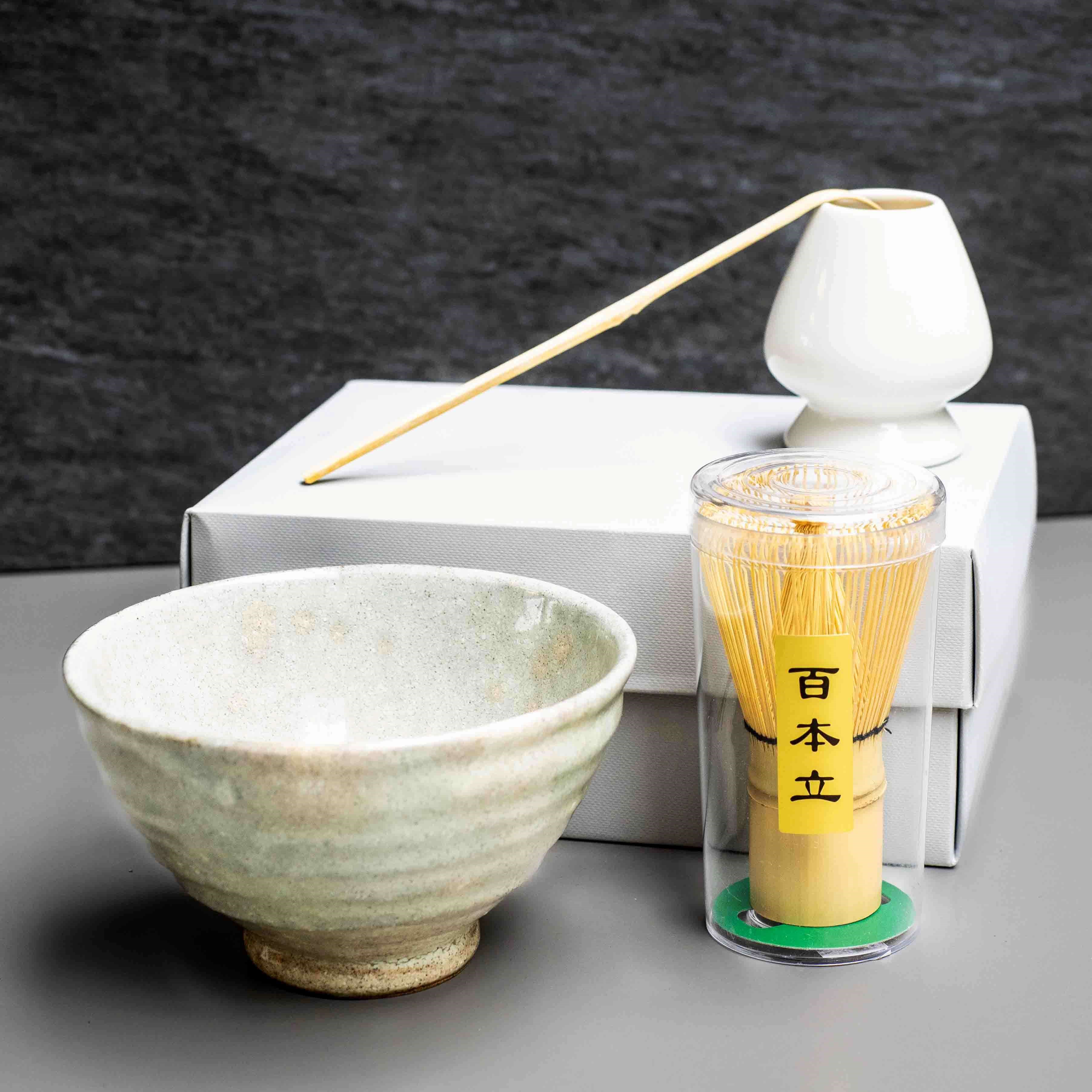 Matcha Tee Set mit Keramikschale, Bambusbesen und Löffel, Teeschale, Keramikschale, Matcha-Schale, Tee-Zeremonie-Set, Bambus-Schaumkamm