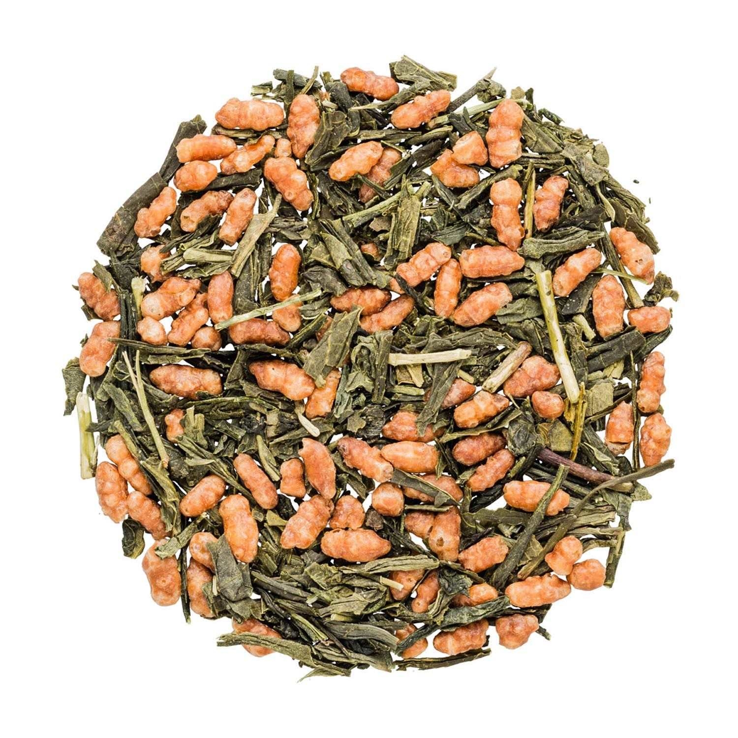 Loser japanischer Genmaicha Grüntee mit Reis, teeing, grüner tee, tee-blätter, geröstete körner, rosa knospen