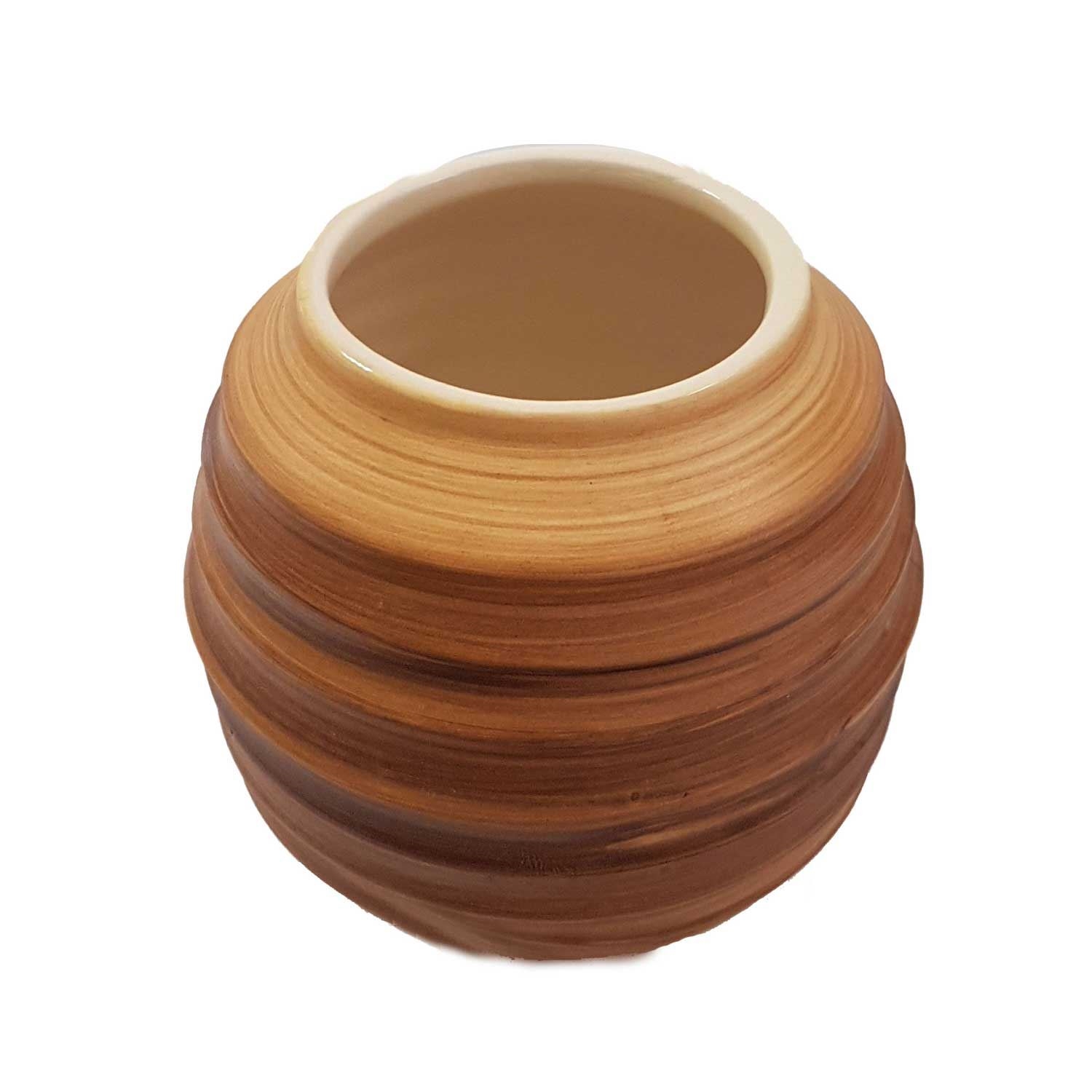 Kleine runde Keramikvase in Braun mit Rillen, vase, keramik, holz, braun, geriffelt