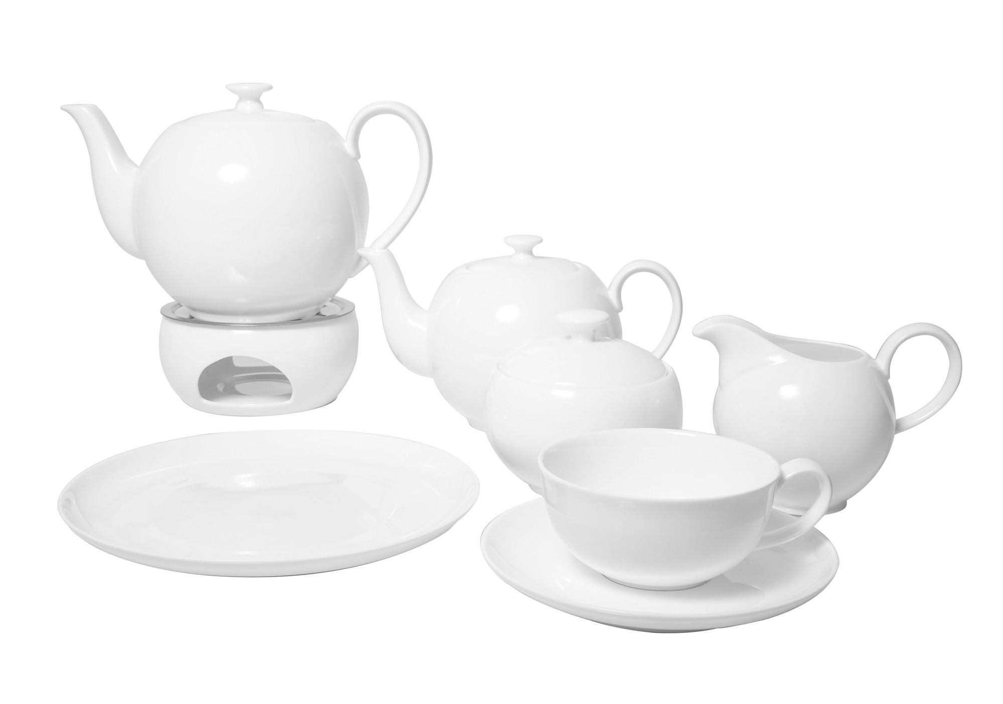 7-teiliges weißes Porzellan-Teeservice mit Stövchen, Teeset, Kaffeekanne, Tee-Set, Porzellan, Geschirrset