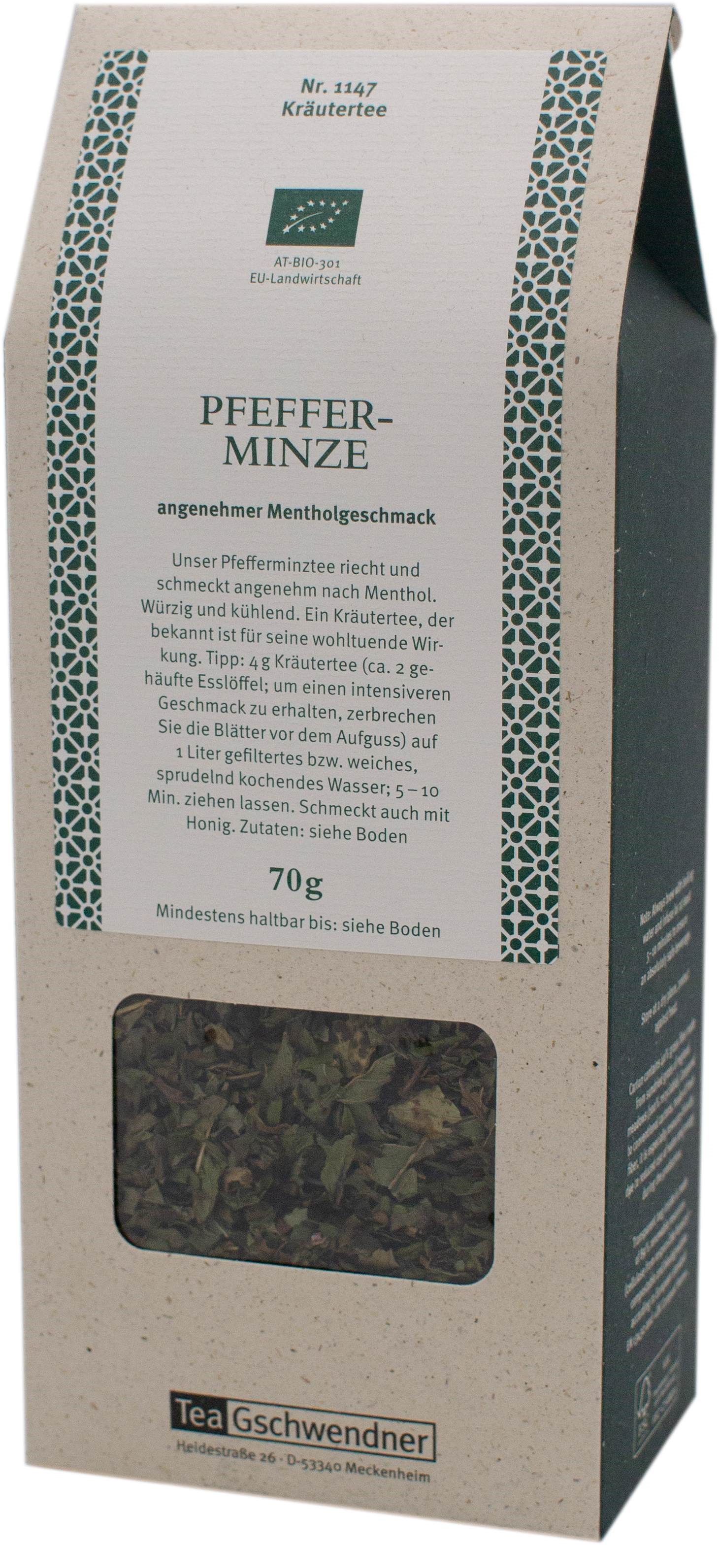 Packung TeaGschwendner Pfefferminze Kräutertee 70g, Kräutertee, Pfeffer-Minze, Mentholgeschmack, 70g, Lose Blätter