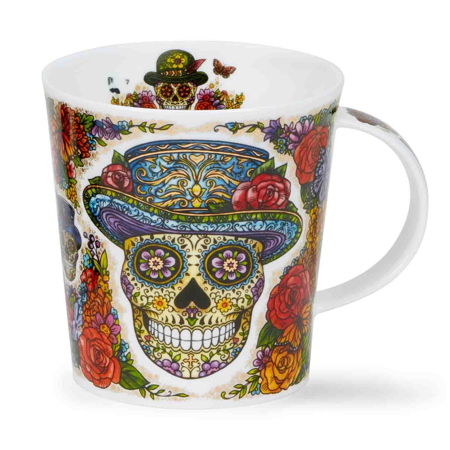 Weißer Becher mit farbenfrohem Sugar-Skull und Blumen, Tasse, Becher, Sugar Skull, Dia de los Muertos, Blumenmuster