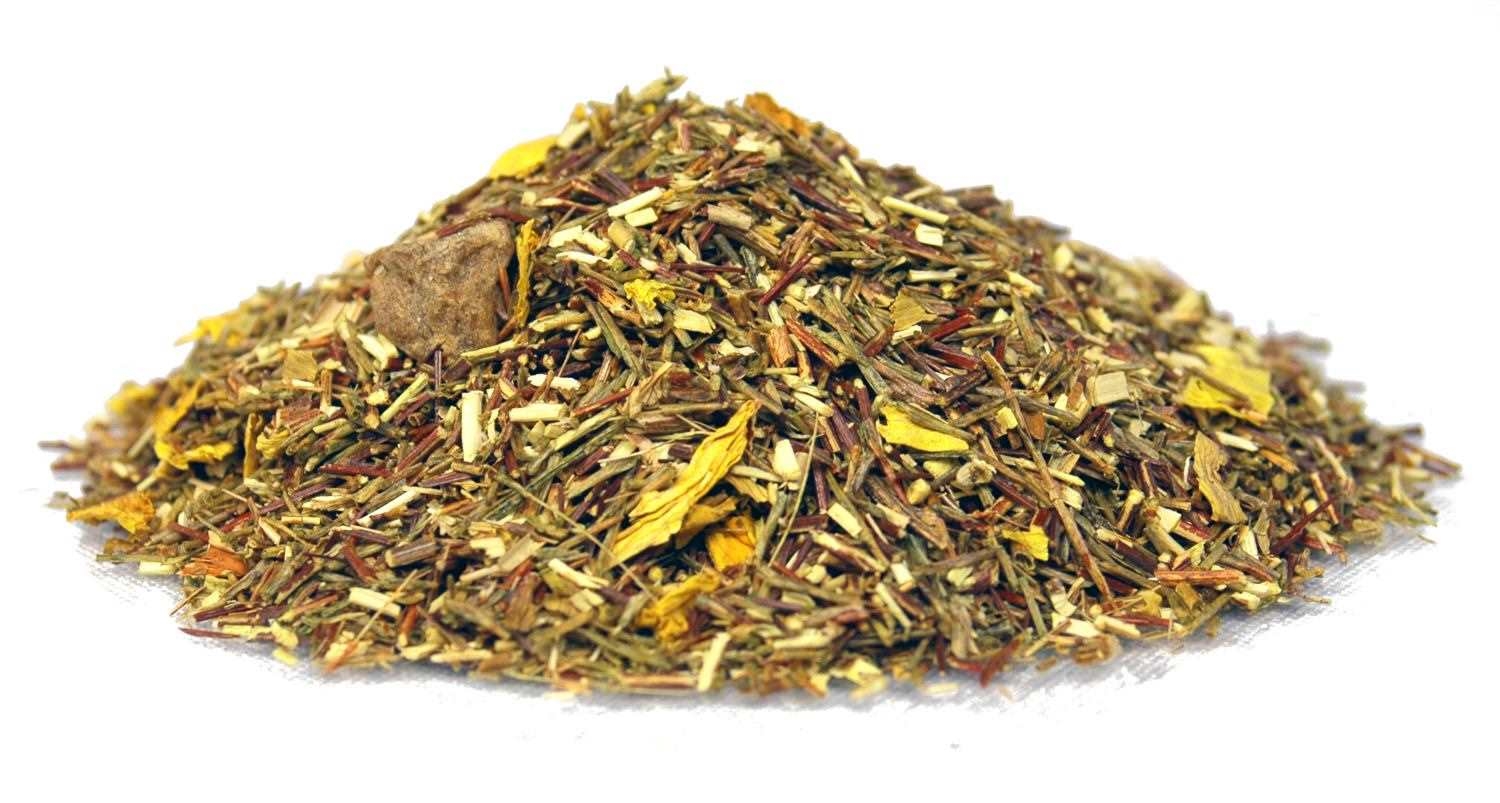 Haufen lose Kräutertee-Mischung mit Blättern und Stängeln,  Kräutertee,  Teemischung,  loser Tee,  Kräuterstücke,  Gelbgrün