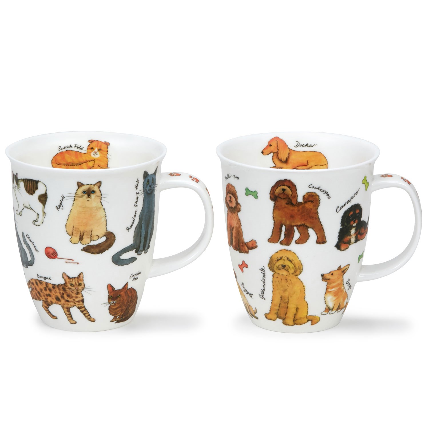 Two white porcelain mugs, one featuring various dog breeds and the other various cat breeds, each with colourful illustrations and labels