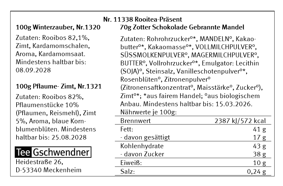 Etikett mit Zutaten und Nährwerten von Rooibos-Tee und Schok, Winterzauber, Zotter, Schokolade, Mandel, Rooibos