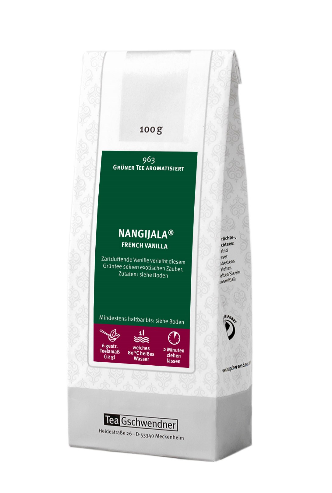 Teegschwendner Nangijala Grüner Tee French Vanilla 100g, Grüner Tee, Früchtetee, Vanille, 100 g, Teeverpackung
