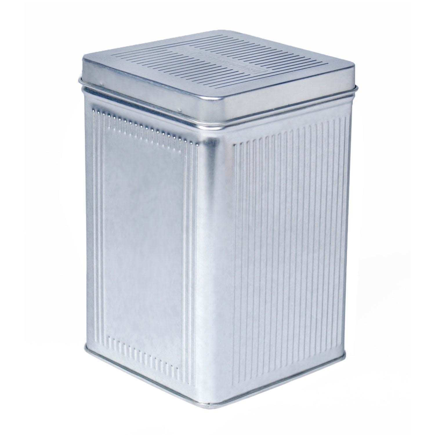 Silberne rechteckige Vorratsdose aus Blech mit Deckel, Metalltrommel, Blechkanne, Aufbewahrung, großes Fass, Deckelventilation