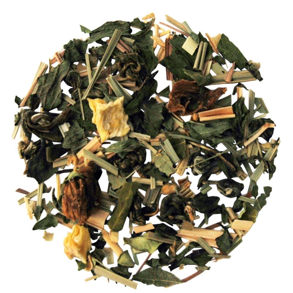 Lose Grüntee-Mischung mit Zitronengras und Früchten, Kräutertee,  Tee-Mischung,  getrocknete Kräuter,  Kräuterblätter,  Obststücke