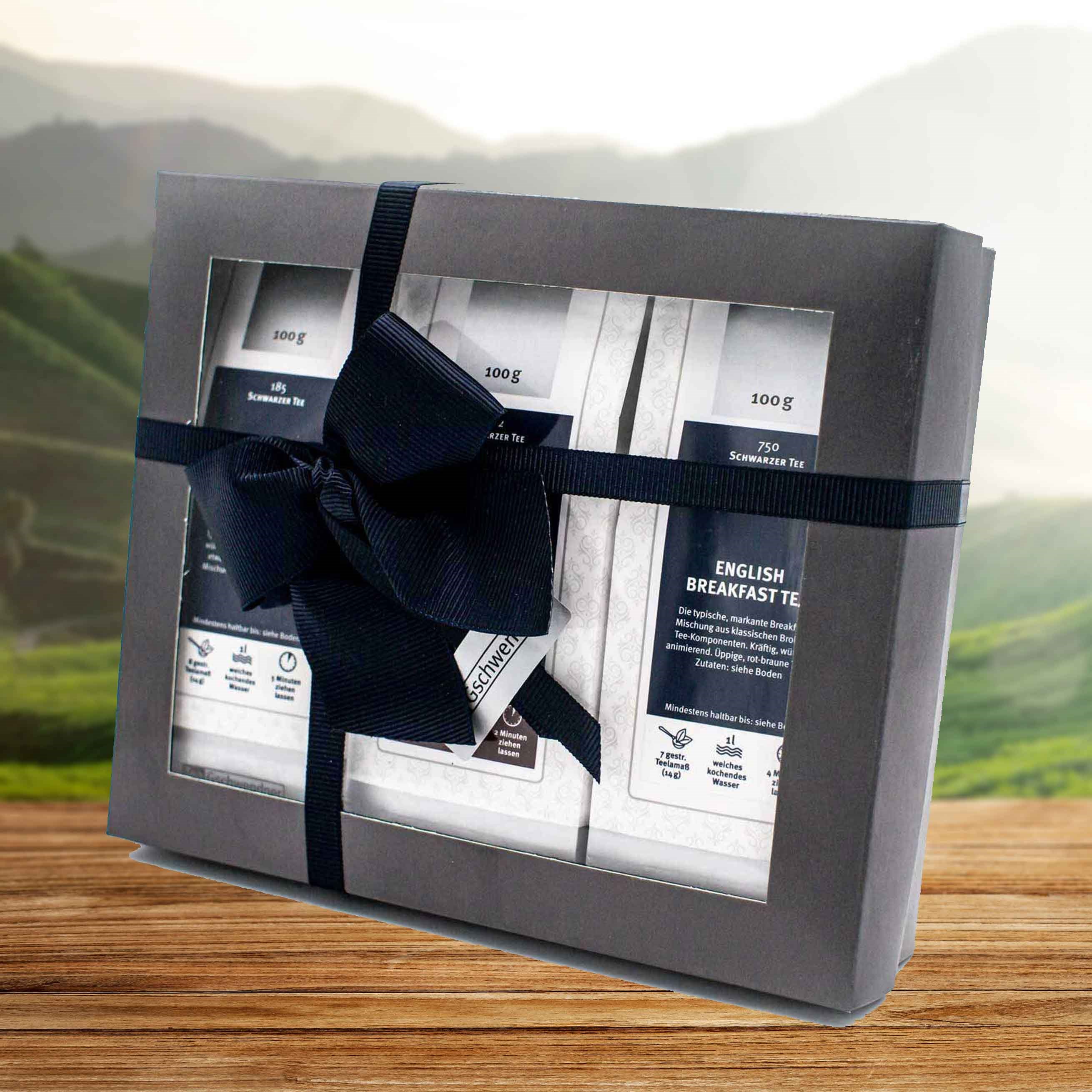 Elegantes Geschenkset mit English Breakfast Schwarzem Tee, Schwarz, Giftset, Tee-Set, Teebeutel, Boxenverpackung