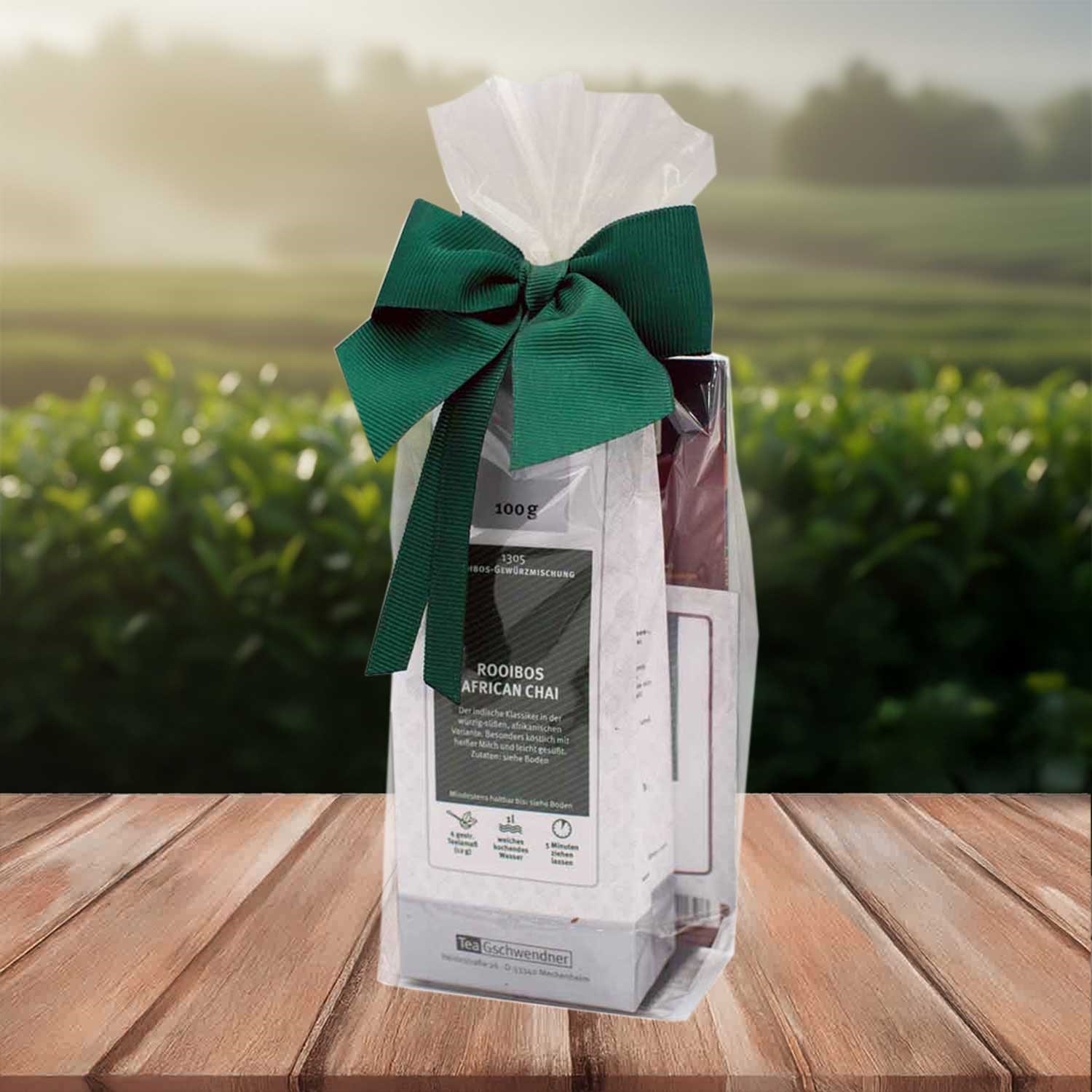 Rooibos African Chai tea gift pack on wooden table