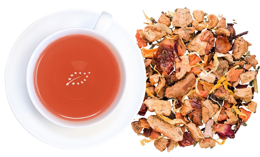 Illustration: orange Maus blickt durch ein gelbes Teleskop, tee, tea, herbal, fruit, loose-leaf