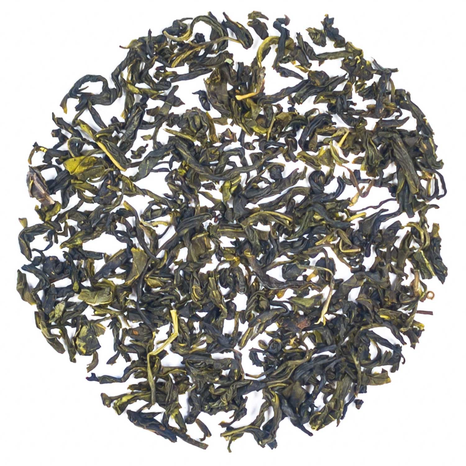 Close-up of loose green tea leaves