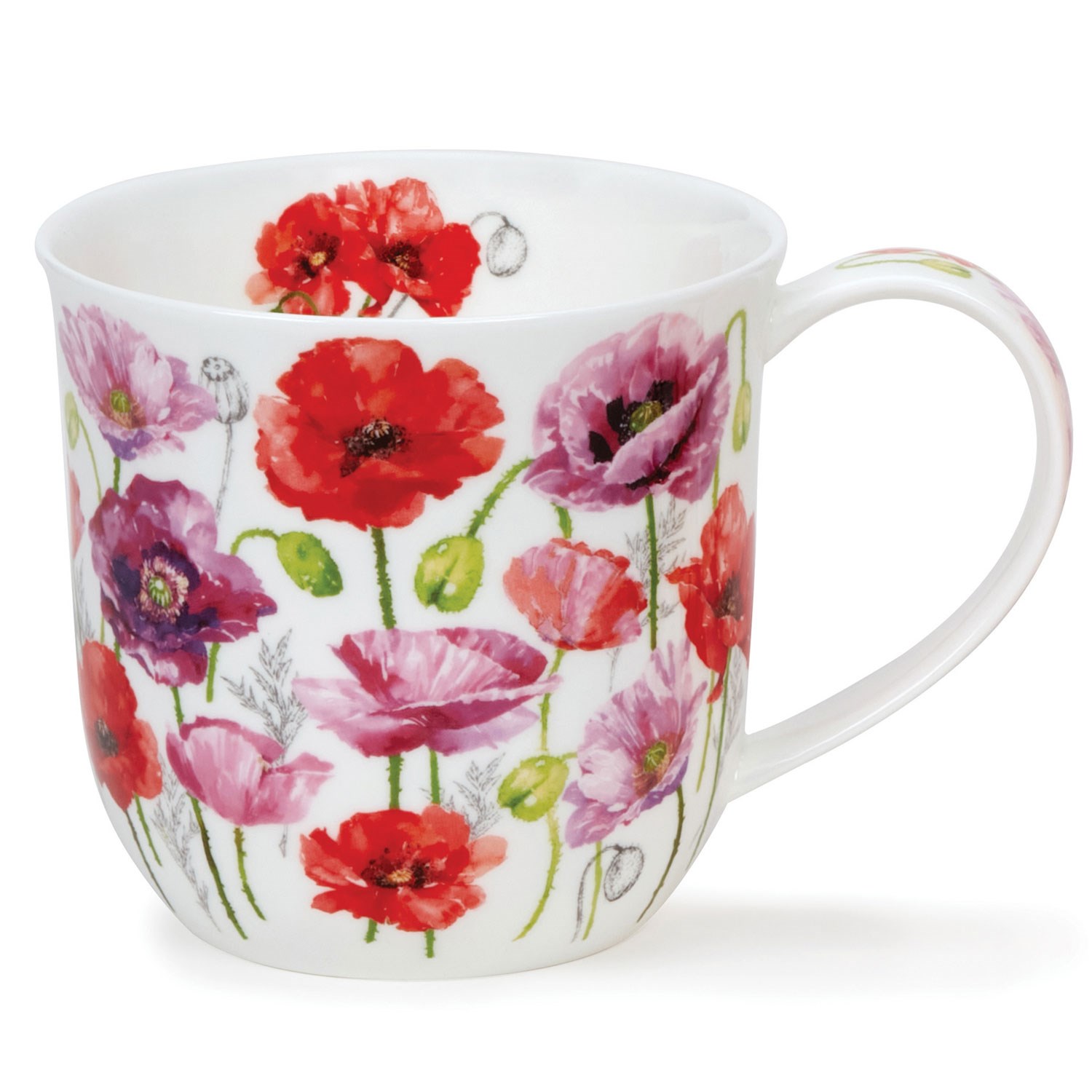 White porcelain mug with colourful poppy flower pattern and large handle, ideal for coffee or tea