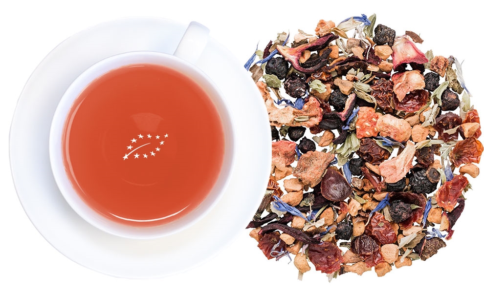 Weiße Tasse mit Früchtetee und loser Teemischung, Kräutertee, Früchtetee, Tee, Beuteltee, Tee-Blend